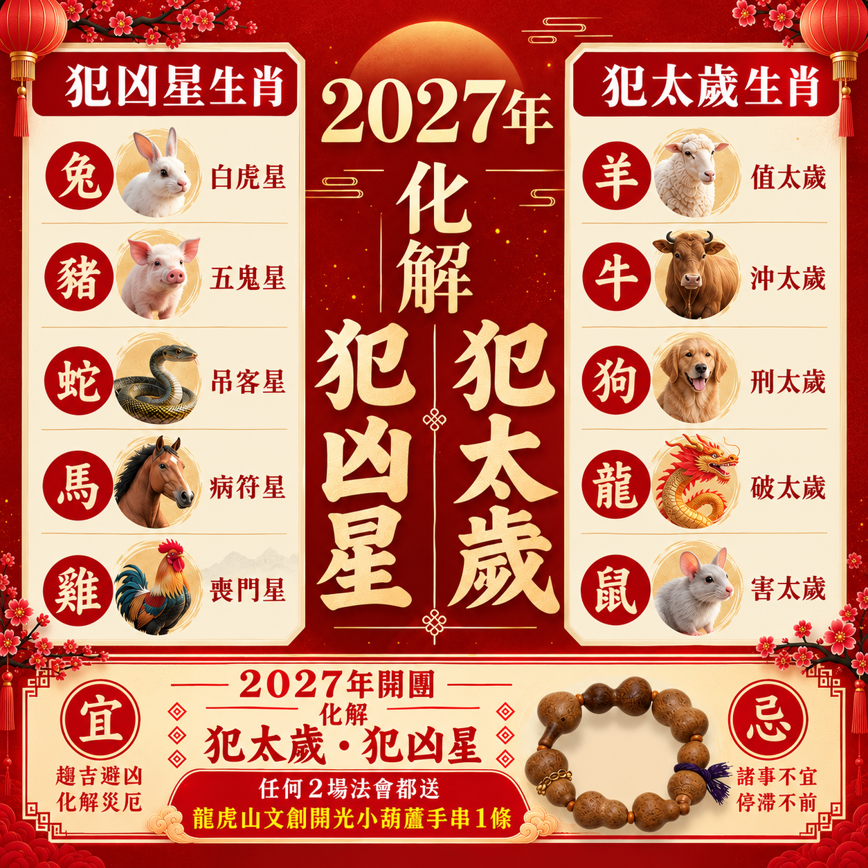 「2027化解犯太歲/化解凶星」附帶錦囊一幅 [犯太歲/馬牛鼠兔][犯凶星/蛇猴虎龍狗」道士師傅主持(備註自己資料) $580一位-1113LFC1-2611龍虎山-**9/11-/2026-19點截止**(C1)
