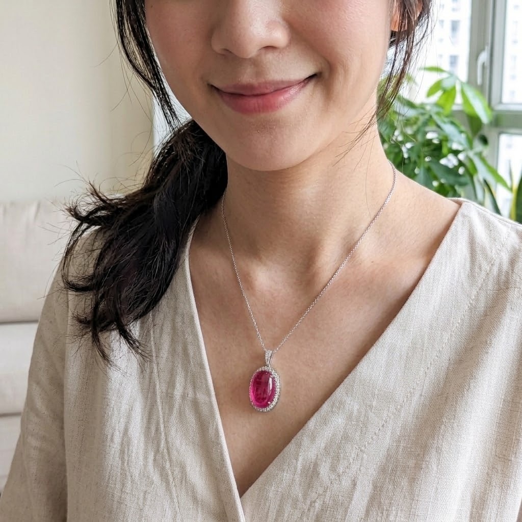 14K White Gold 14.78ct Rubellite and Diamond Pendant