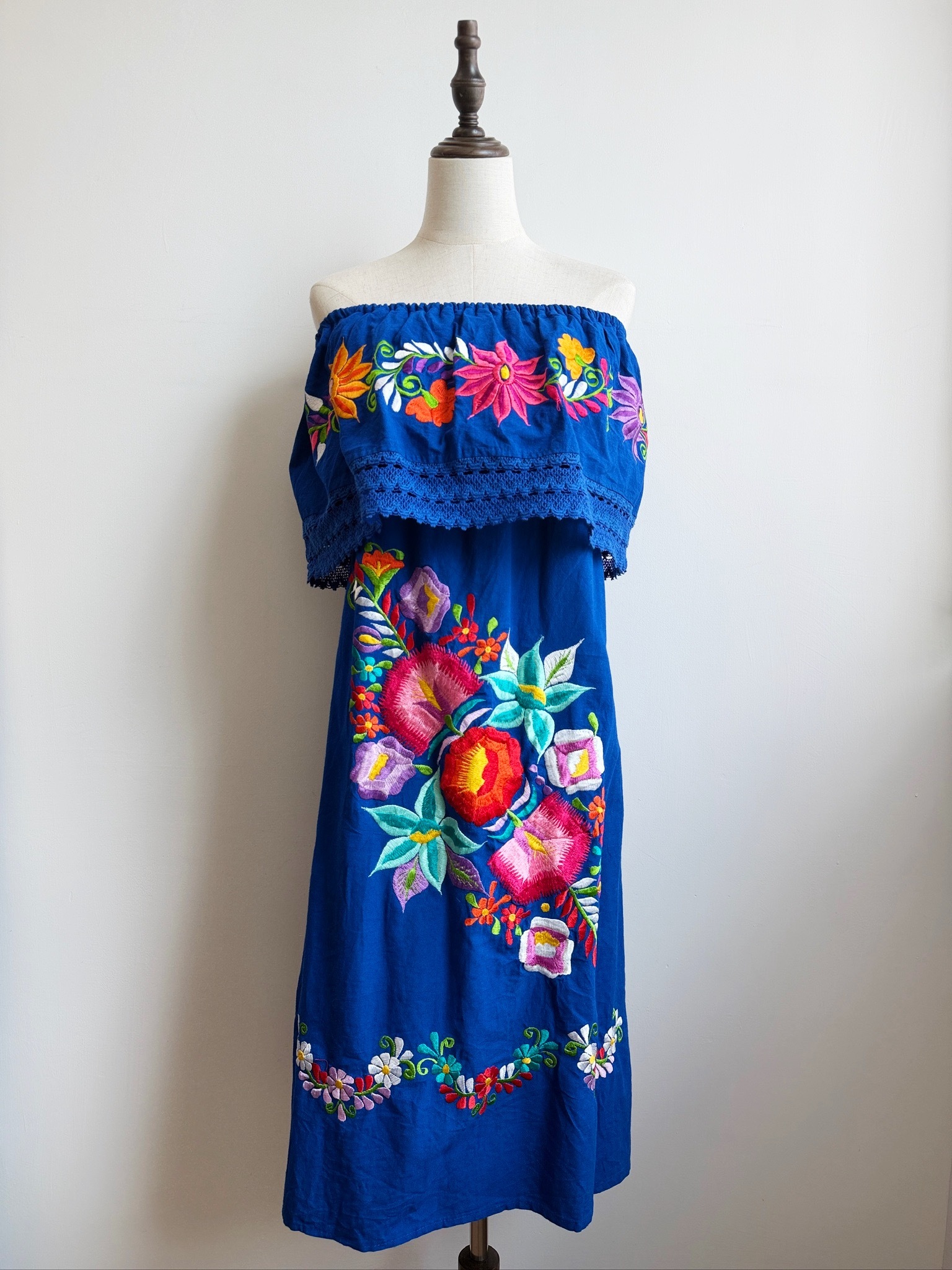 寶藍色墨西哥刺繡連身裙