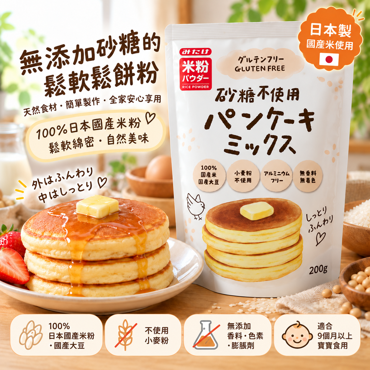 MITAKE - 日本無麩質無添加砂糖米粉班戟預拌粉 200g