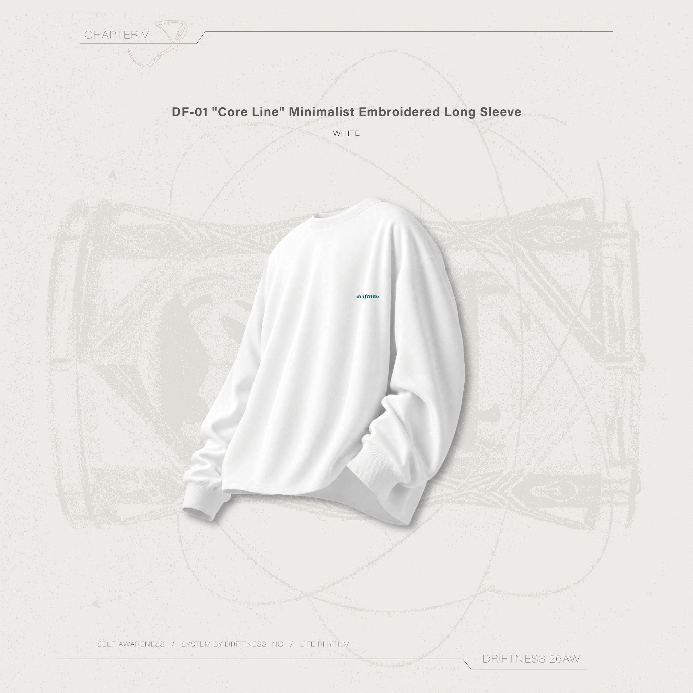 DRiFTNESS｜DF-01 "Core Line" 蓄熱親膚刺繡薄長袖 - White