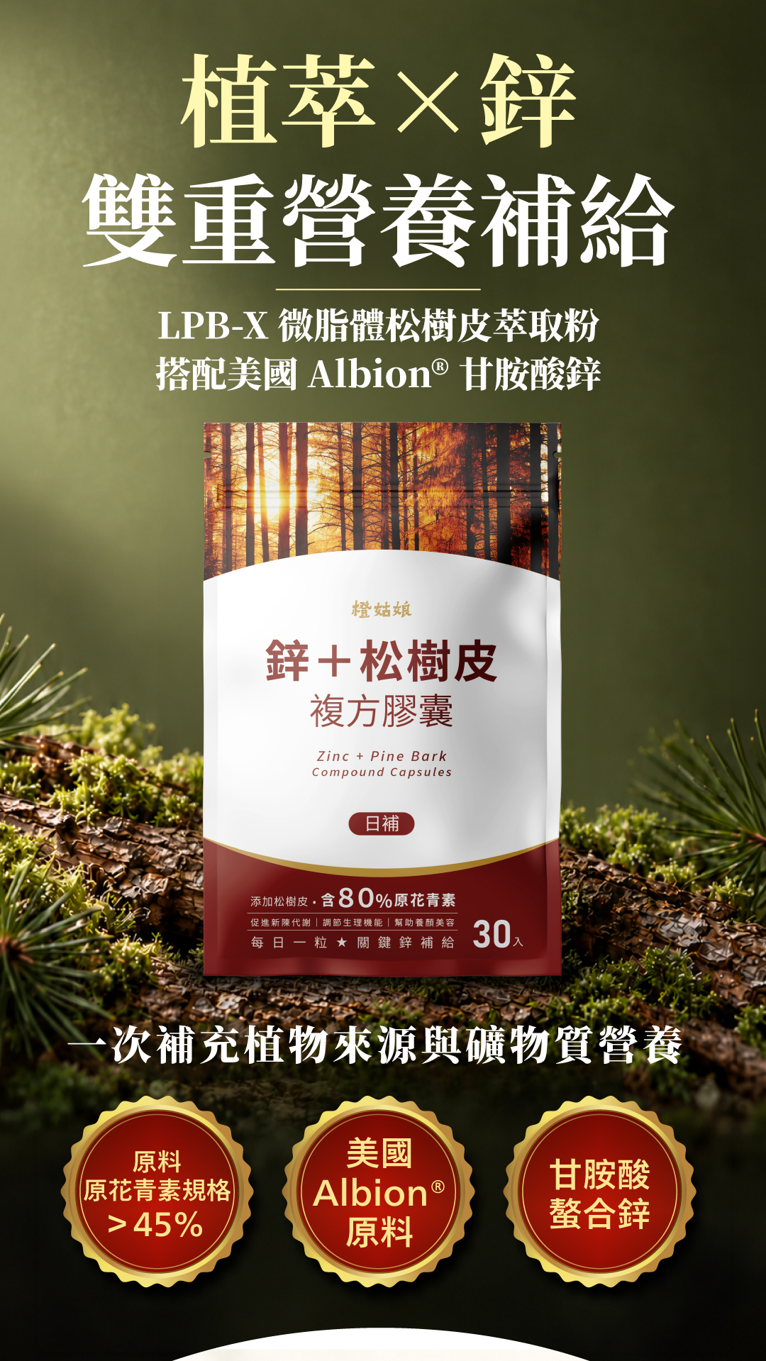 橙姑娘鋅＋松樹皮複方膠囊30粒袋裝產品主視覺，以松樹皮與松針為背景，呈現植萃搭配鋅的雙重營養補給概念。