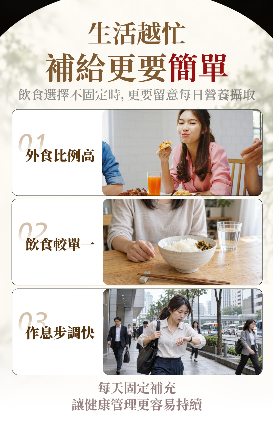 外食、飲食較單一與忙碌通勤的生活情境，提醒留意每日營養攝取，建立固定補充營養的習慣。