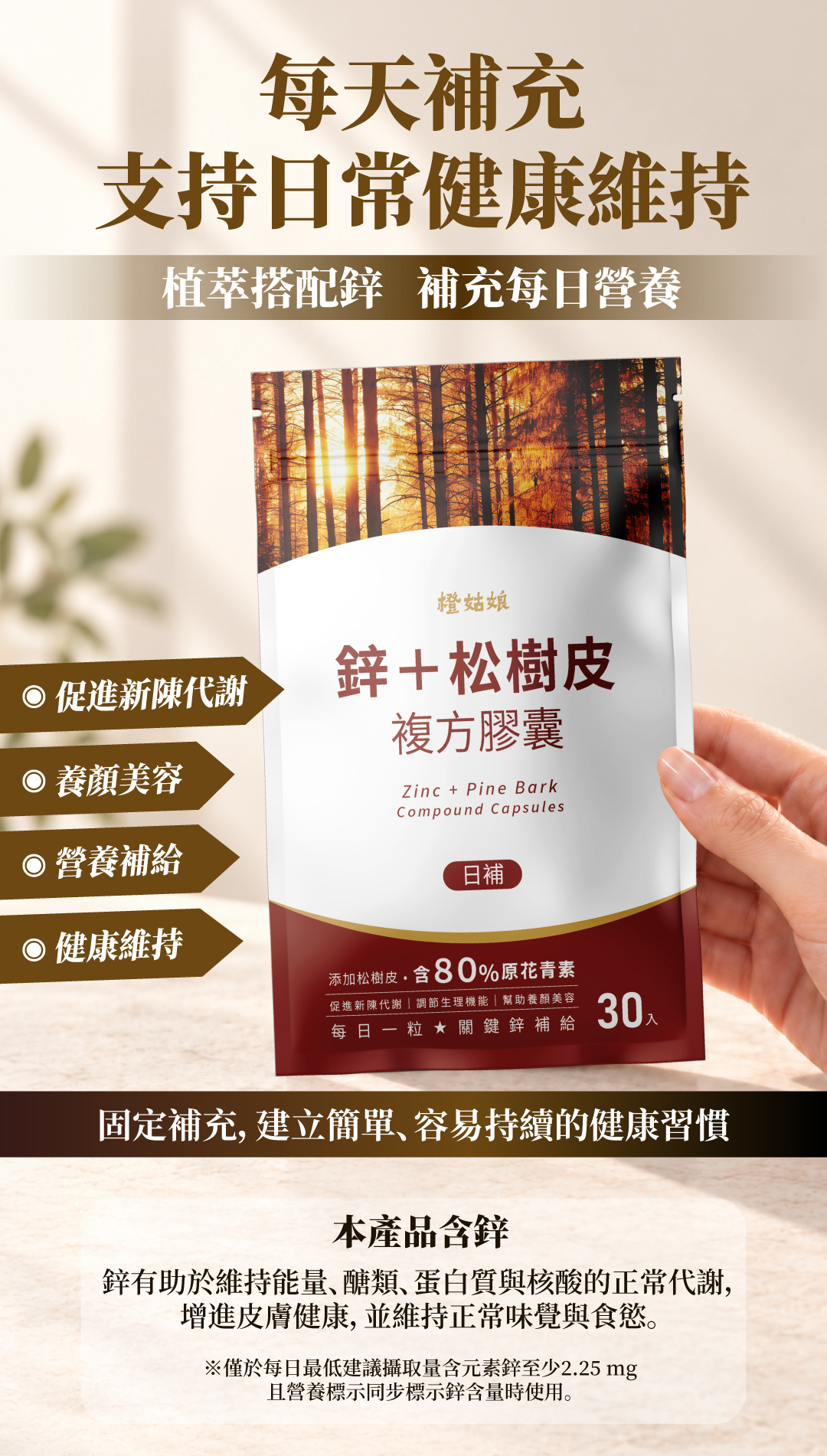 手持橙姑娘鋅＋松樹皮複方膠囊包裝，搭配每日營養補給、健康維持與鋅的營養功能說明。