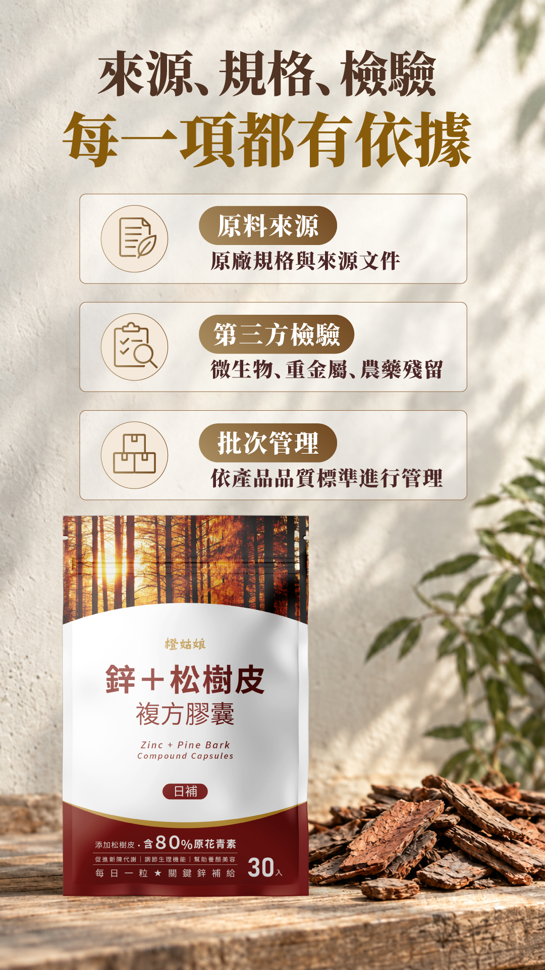 橙姑娘鋅＋松樹皮複方膠囊品質管理介紹，列出原料來源文件、第三方微生物及重金屬與農藥殘留檢驗項目，以及批次管理說明。