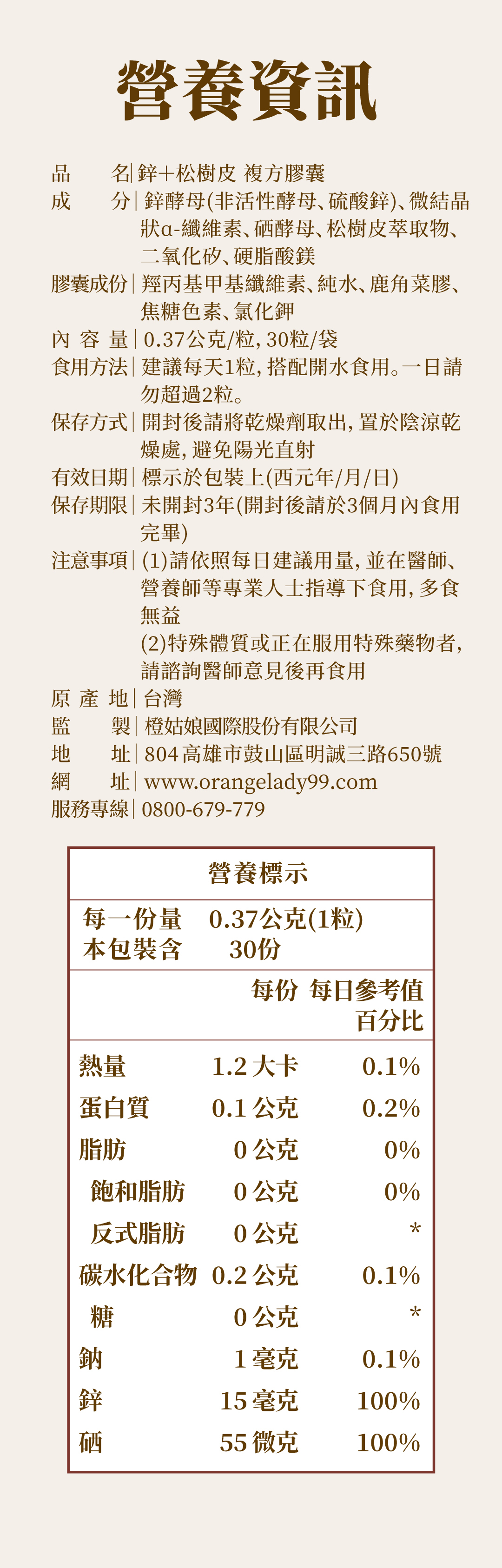 橙姑娘鋅＋松樹皮複方膠囊成分與營養標示，列出每份營養含量、膠囊成分、食用方法、保存方式及注意事項。