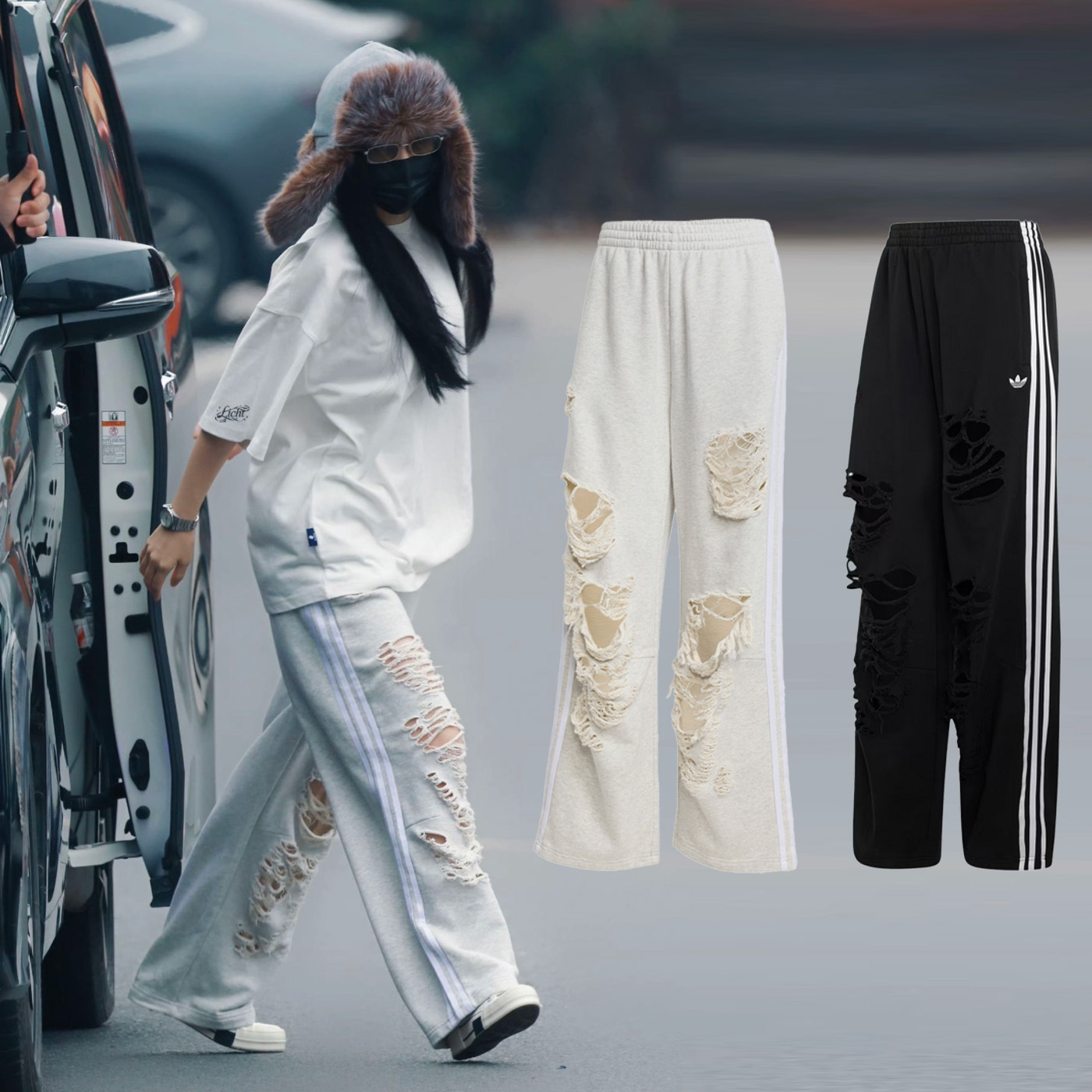 女款 ADIDAS ORIGINALS JOGGERS 黑色 灰色 虞書欣同款 仿舊 破壞 寬鬆 抽繩 純棉 破褲 寬褲 長褲【KW8254/KC8822】ADLP