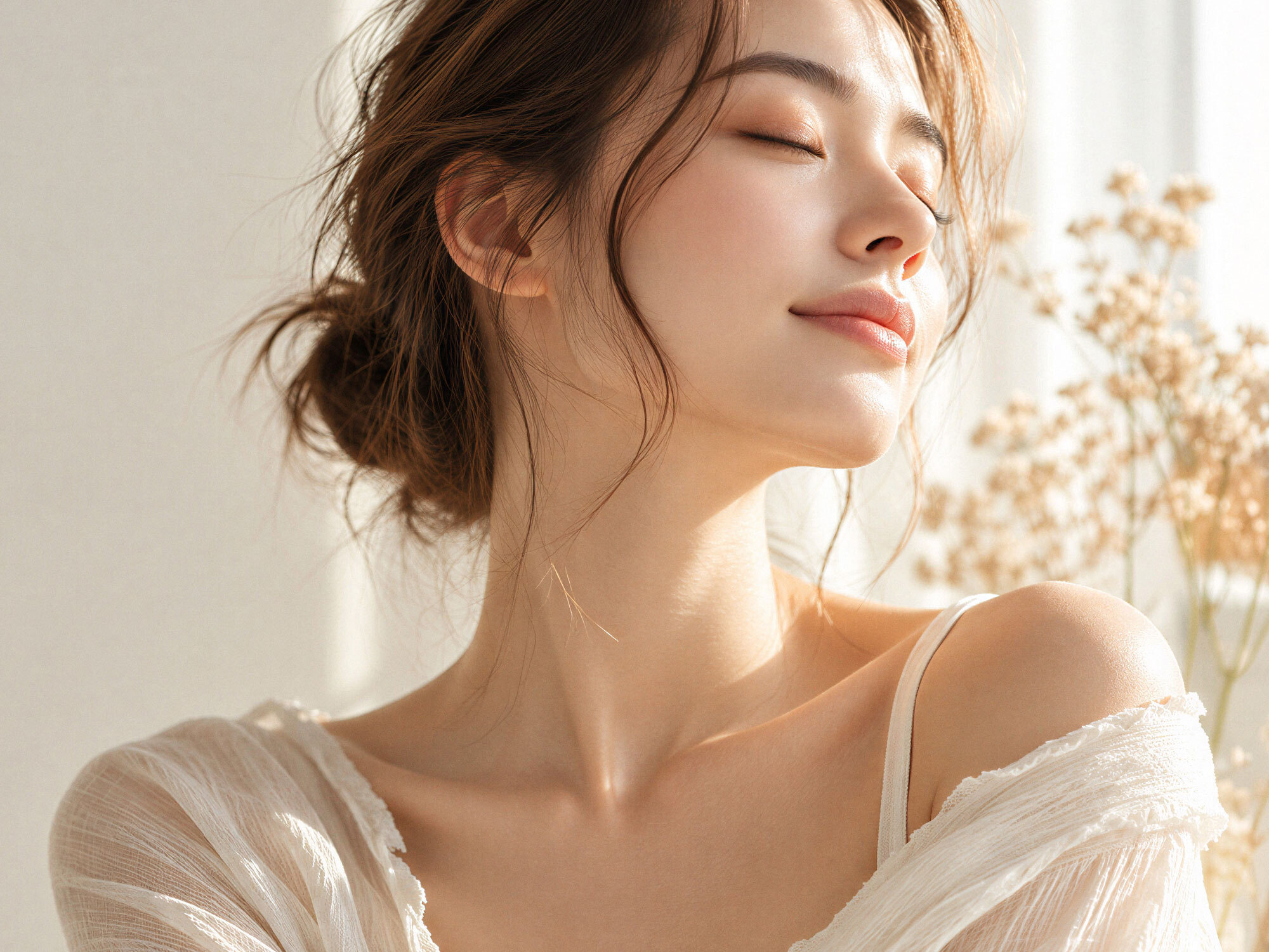 YANLILI 妍理理外用鎂保養情境,女性肩頸與鎖骨肌膚於柔和自然光下呈現日常鎂保養概念YANLILI topical magnesium skincare lifestyle image featuring neck and décolletage care in soft natural light