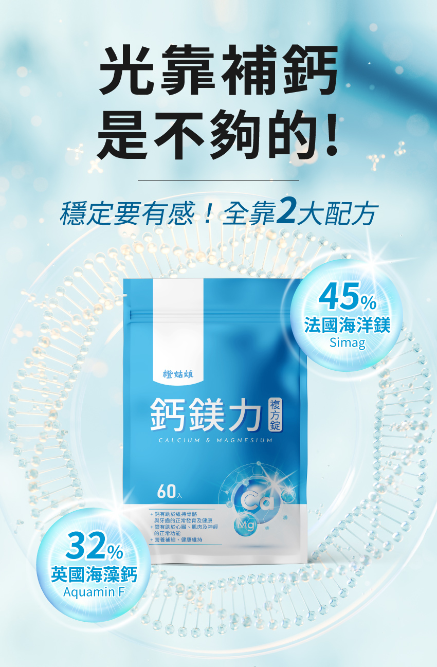 鈣鎂力複方錠雙核心原料介紹：Aquamin F英國海藻鈣與Simag法國海洋鎂，搭配60顆袋裝產品展示。