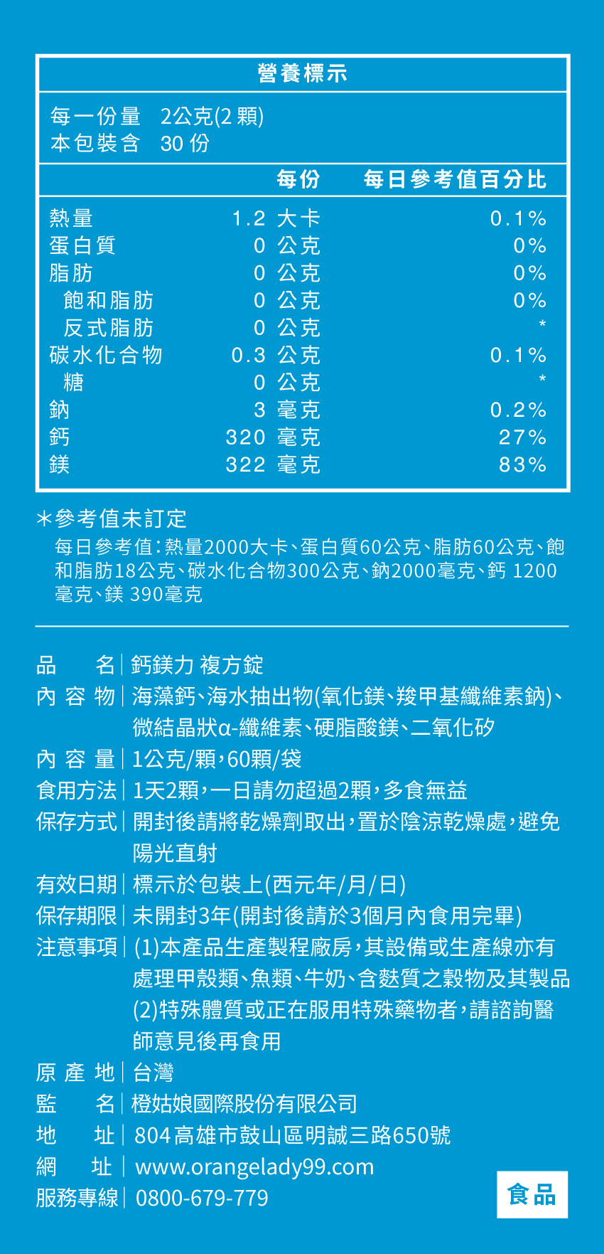 橙姑娘鈣鎂力複方錠營養標示與成分表：每份2顆含鈣320毫克、鎂322毫克，每袋60顆，並列食用方法、保存方式及注意事項。