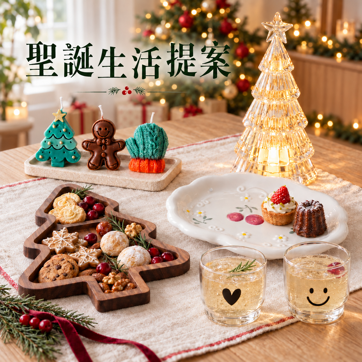 🎄 聖誕生活提案6件組｜香薰蠟燭・甜點盤・雙杯・發光聖誕樹