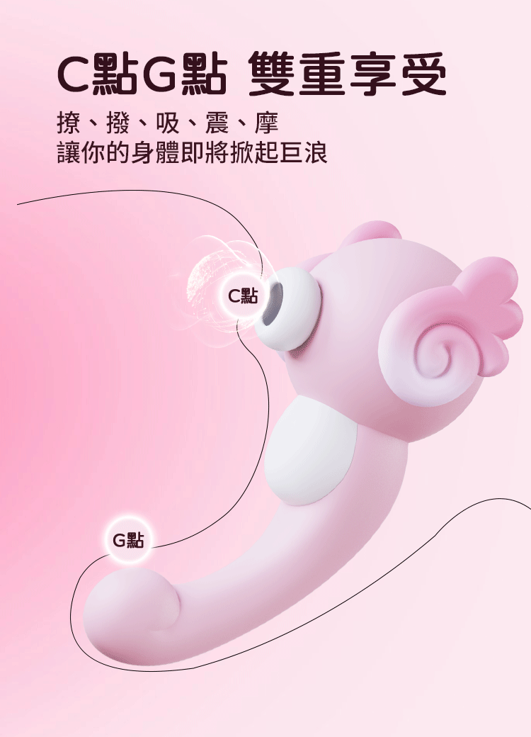歪歪馬 小海馬 手機遙控 吸啜G點兩用按摩器陰蒂與 G 點雙重刺激示意圖，標示吸啜口與尾巴對應的位置，一機兩用的情趣用品推薦。