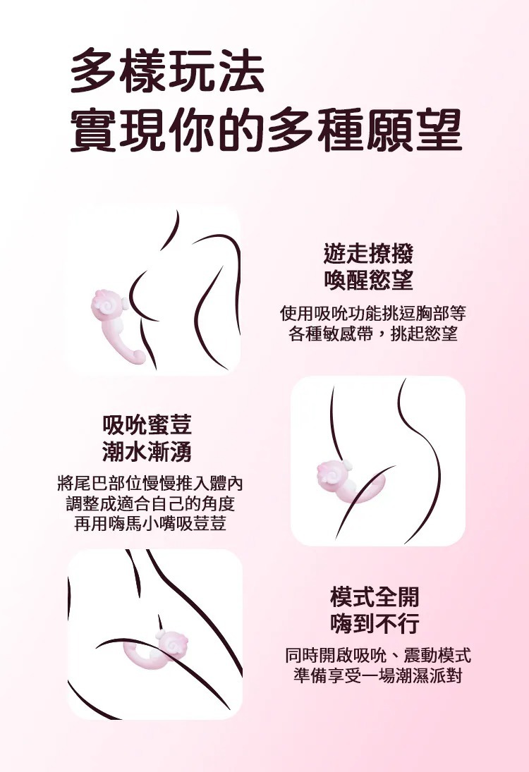 歪歪馬 小海馬 手機遙控 吸啜G點兩用按摩器多樣玩法插圖，示範挑逗胸部、尾巴入體配合小嘴吸吮及雙模式同開，新手也能輕鬆上手。