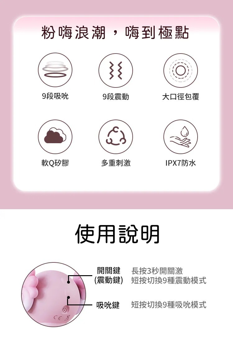 歪歪馬 小海馬 手機遙控 吸啜G點兩用按摩器功能圖示與按鍵說明，列出 9 段吸吮、9 段震動、大口徑包覆與 IPX7 防水，並示範開關鍵與吸吮鍵操作。