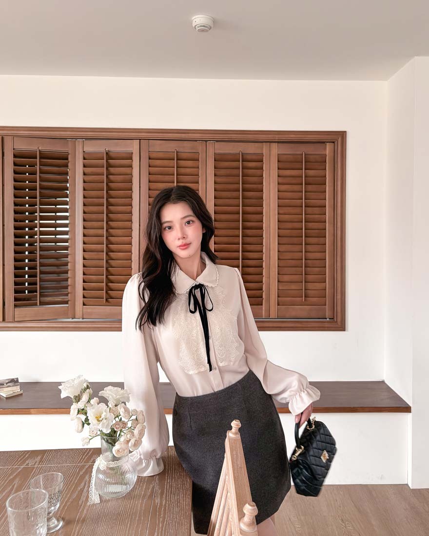 LINA LINA法式氣質睫毛蕾絲蝴蝶結上衣-淡雅粉