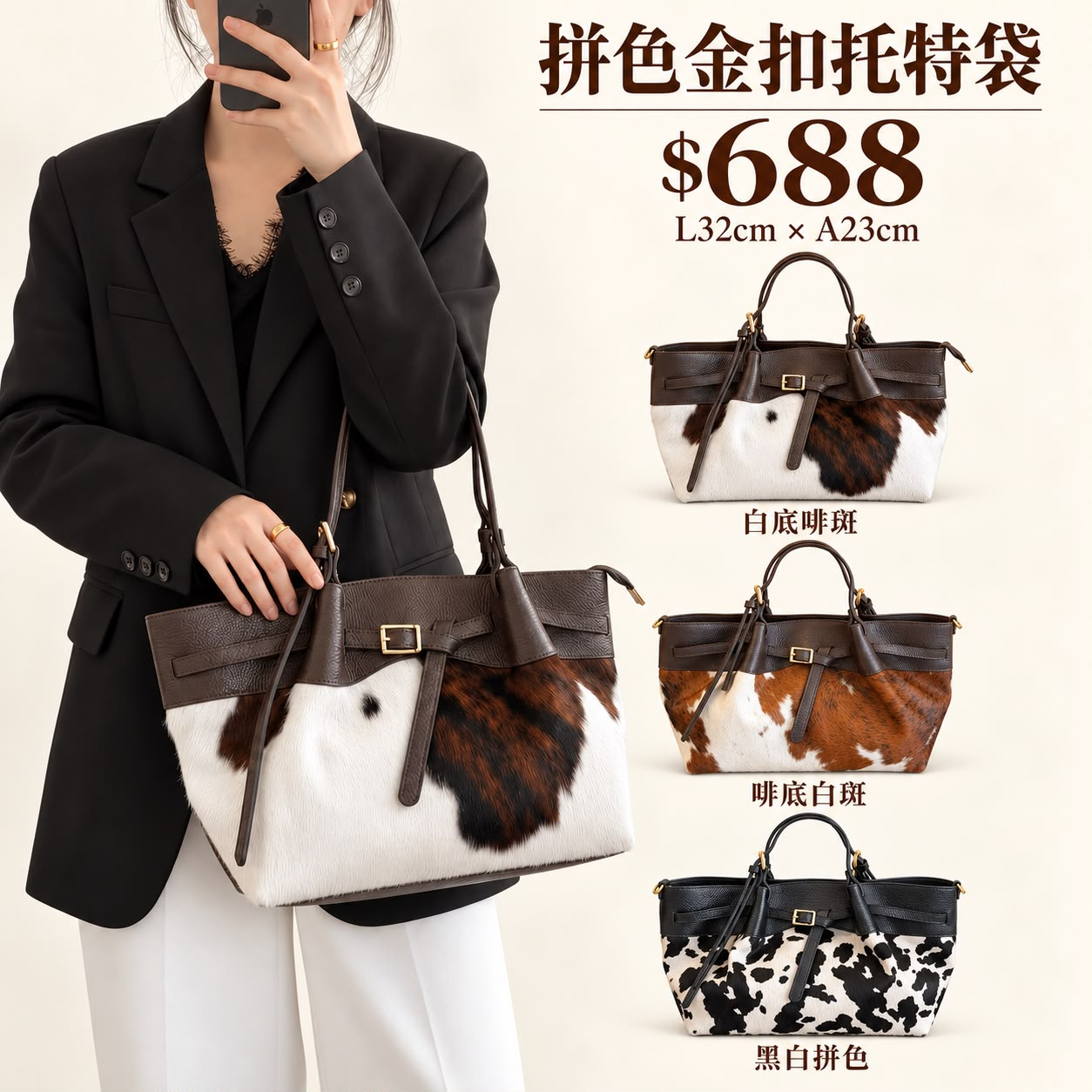 FU065 拼色金扣托特袋 32 x 23cm