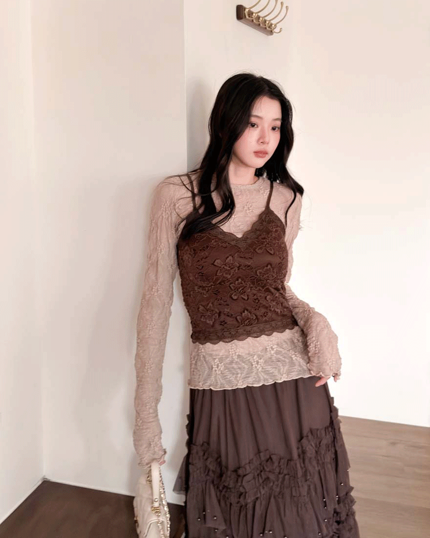 LINA LINA迷人心思滿版蕾絲花邊V領BRA TOP-巧克力咖