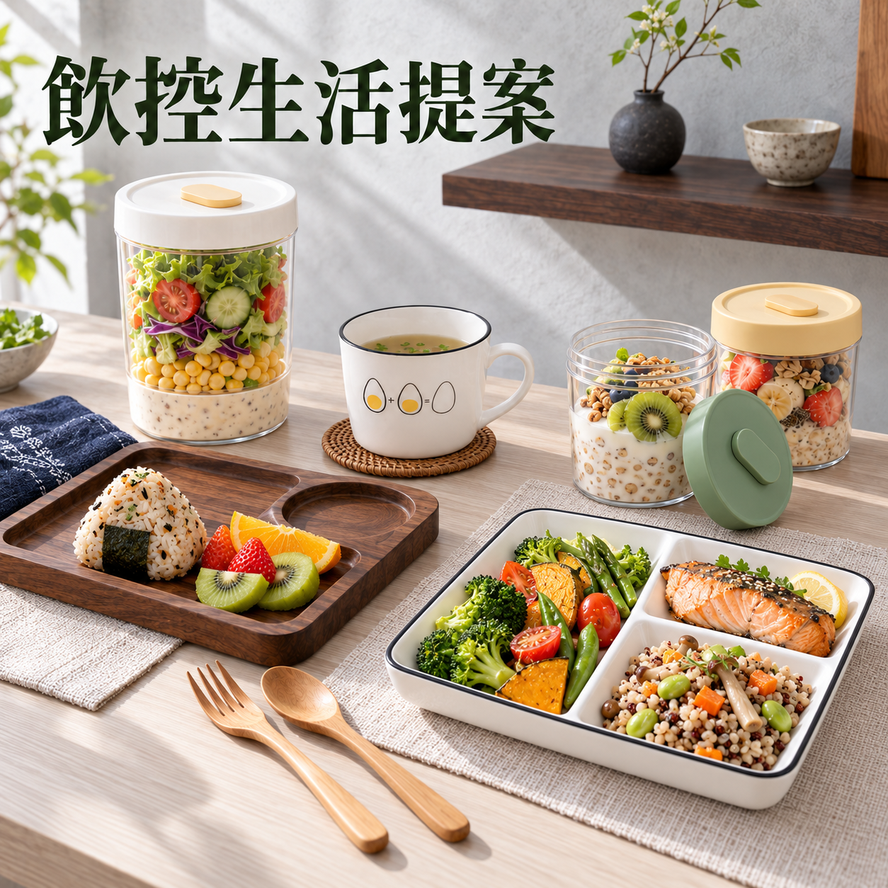 🥗 飲控生活提案8件組｜三格陶瓷盤・雙杯・沙拉罐・木質早餐盤