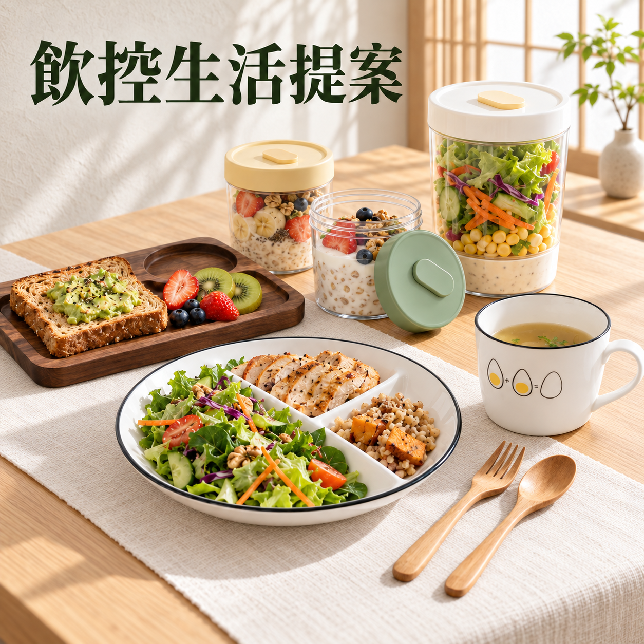 🥗 飲控生活提案8件組｜三格陶瓷盤・雙杯・沙拉罐・木質早餐盤