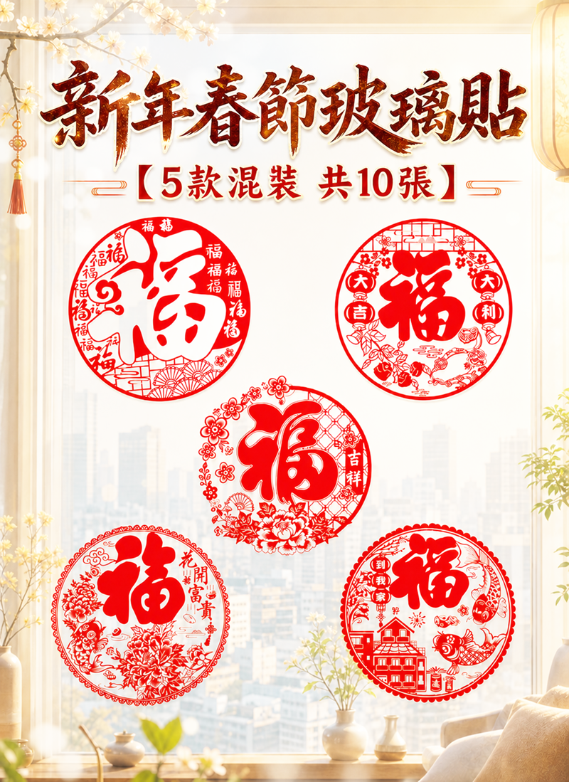 新年春節玻璃貼【5款混裝 共10張】 HN2703