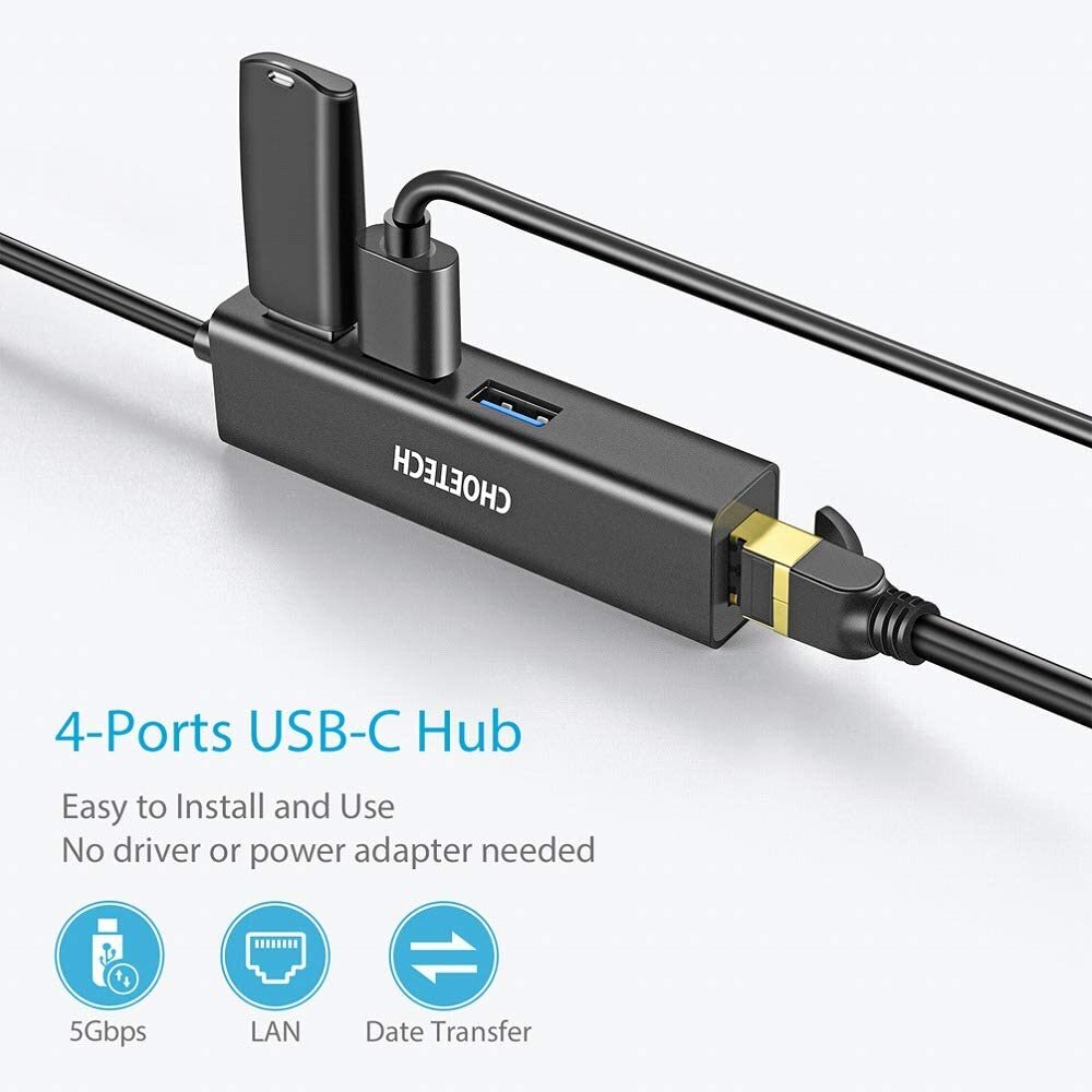 Choetech U02 4合1 USB-C 轉 RJ45 集線器 黑色