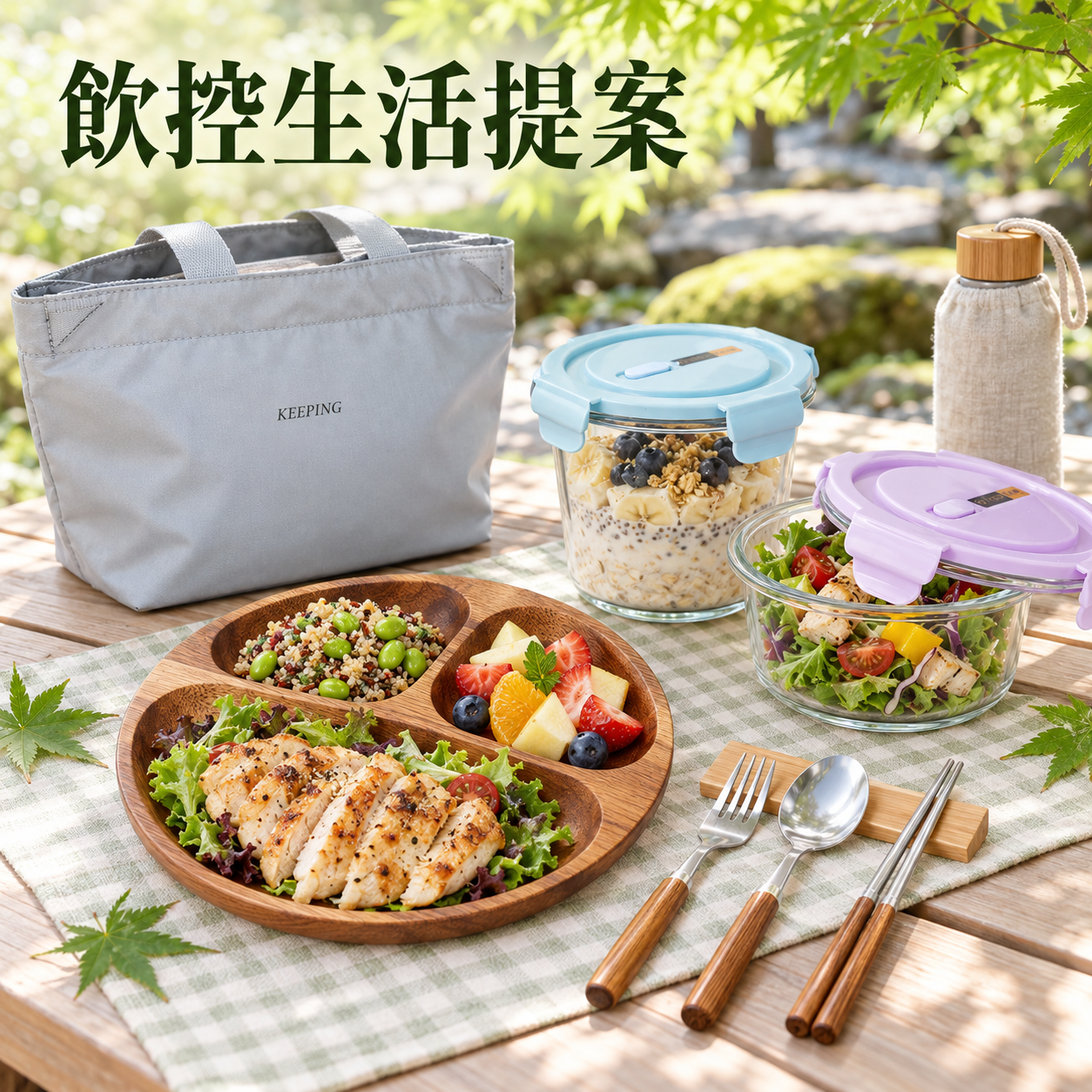 🥗 飲控生活提案 5件組｜三格木餐盤・玻璃杯・餐具・午餐保溫袋