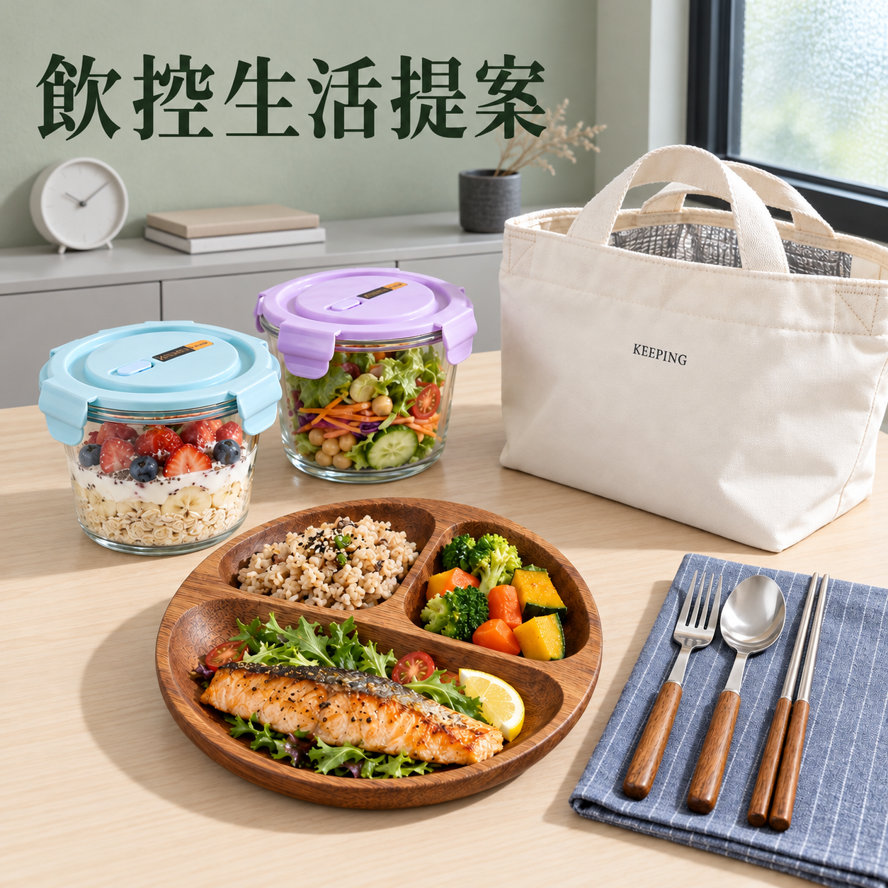 🥗 飲控生活提案 5件組｜三格木餐盤・玻璃杯・餐具・午餐保溫袋