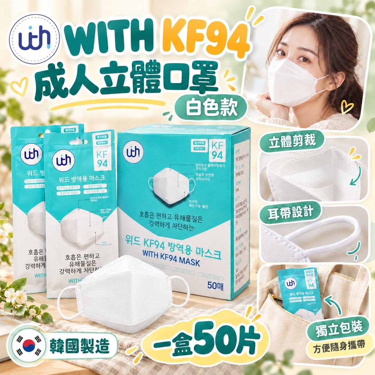【預訂】AAB102001 韓國製 WITH｜KF94 成人立體防護口罩｜50個裝