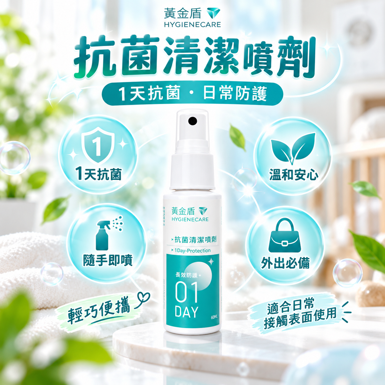 【黃金盾 HYGIENECARE】抗菌清潔噴劑01 隨身瓶 60ml｜24H長效防護｜無酒精配方