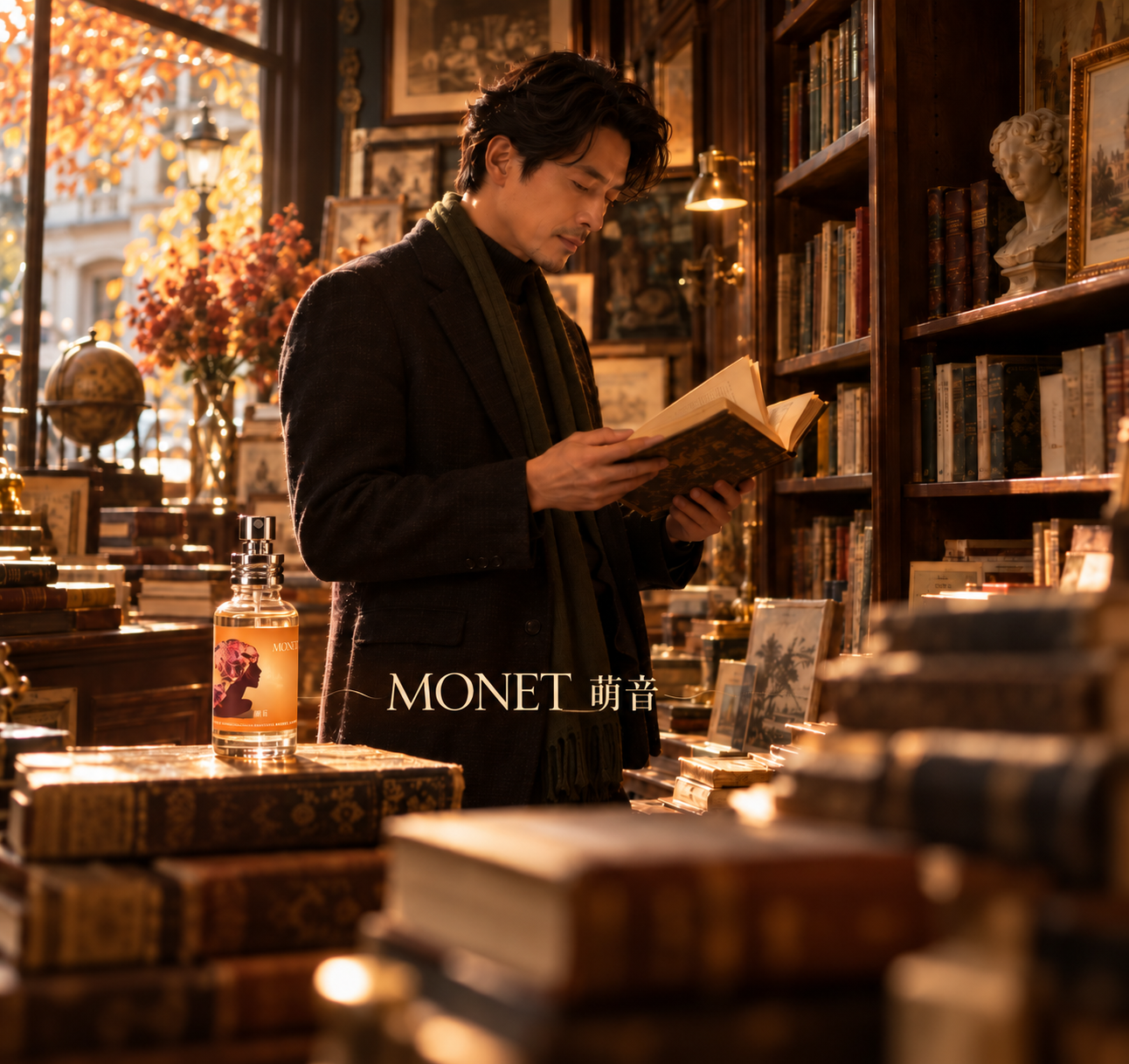 MONET 萌音日本淡香水，秋日下午成熟男性在復古書店翻閱文學書籍，桌上擺放香水，陽光與胡桃木書架營造知性沉穩懷舊氛圍