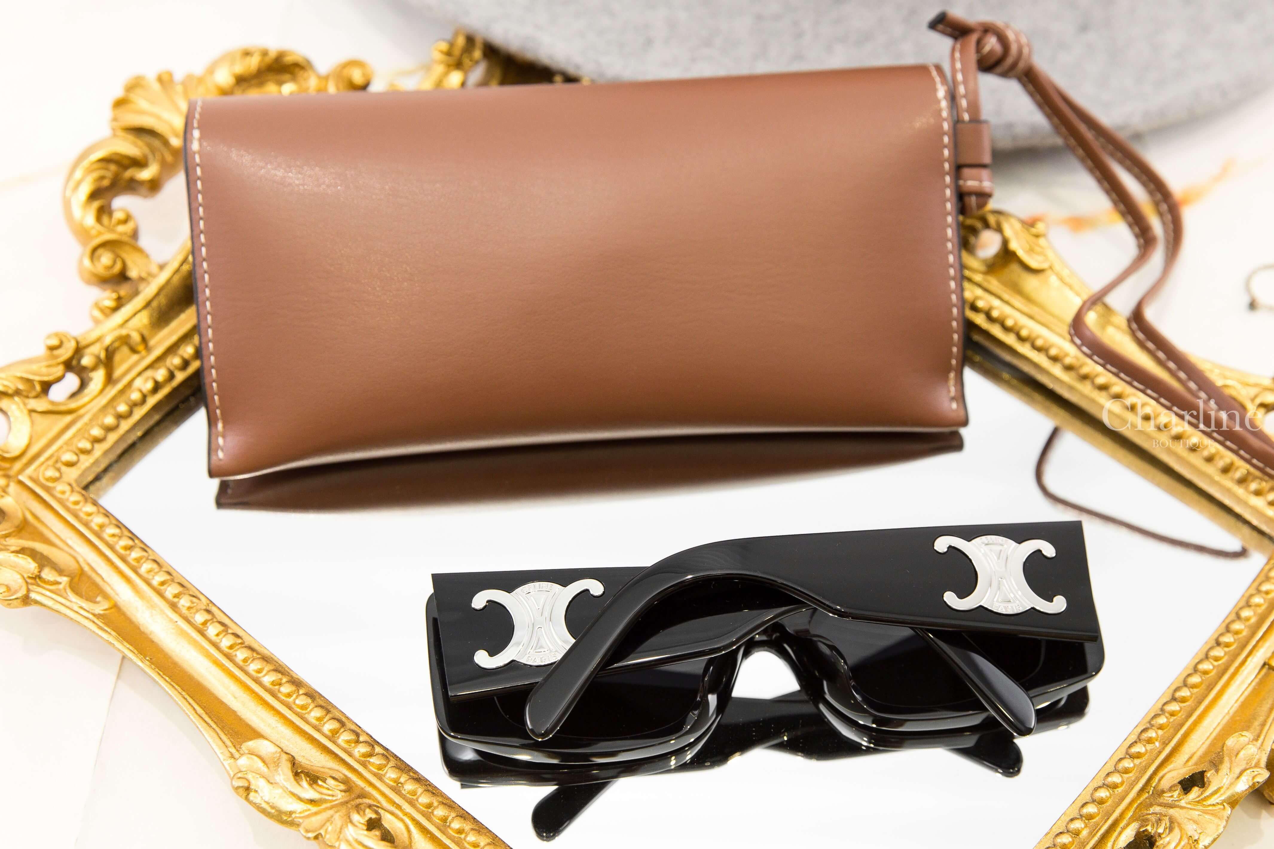 Celine Triomphe XL 01 Sunglasses In Acetate 黑色方框側邊銀色凱旋門太陽眼鏡附棕褐色凱旋門手提眼鏡盒兩件組