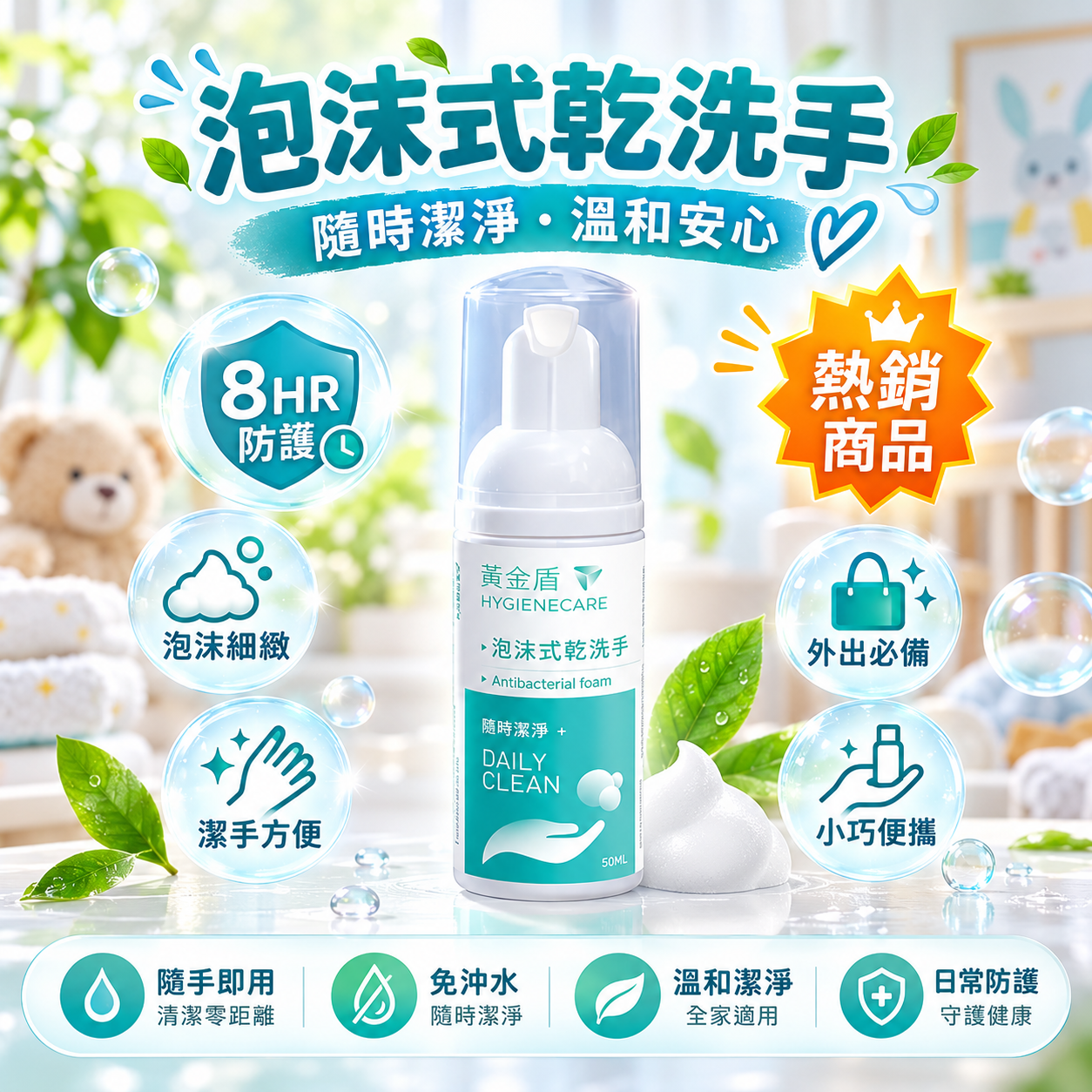 【黃金盾 HYGIENECARE】泡沫式乾洗手｜無酒精免沖水・8H長效抗菌｜50ml／250ml補充裝