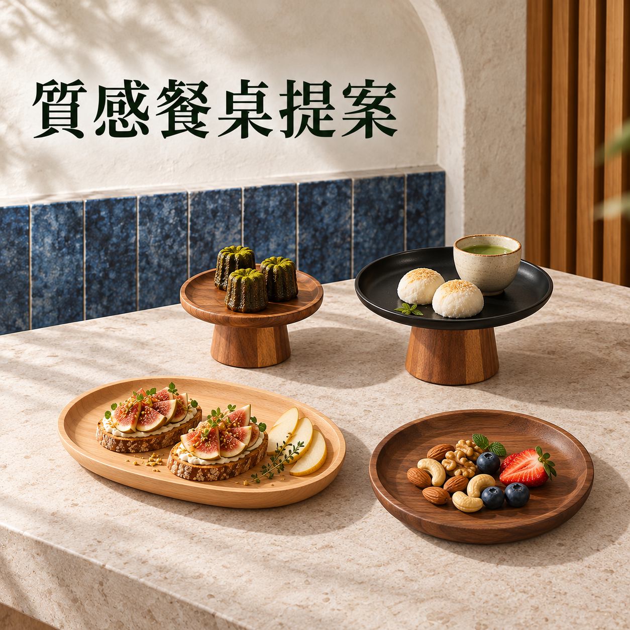 🪵 質感餐桌提案 4件組｜木質餐盤・高腳甜點托盤
