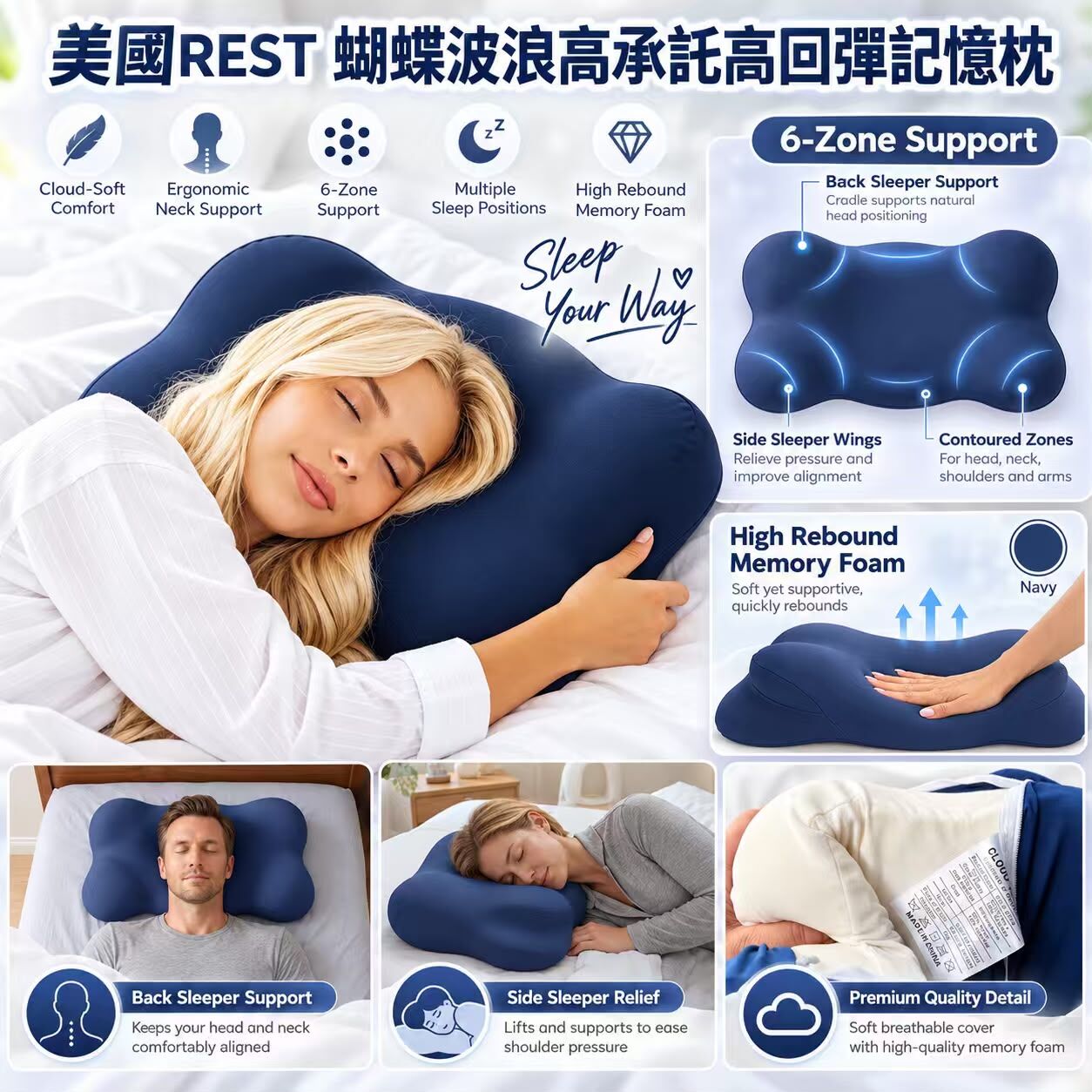 美國 REST 蝴蝶波浪高承託高回彈記憶枕