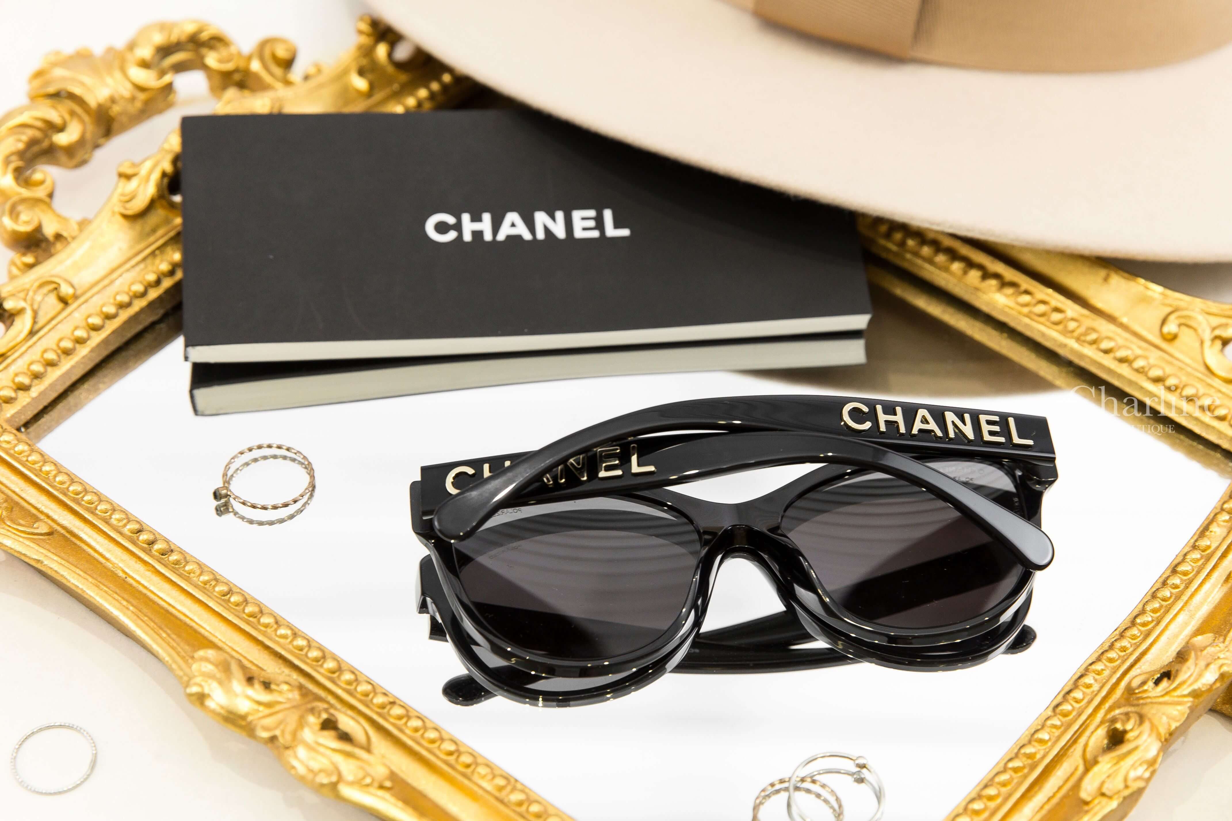 Chanel Pantos Sunglasses 黑色圓框灰色鏡片側邊金色 Logo 太陽眼鏡