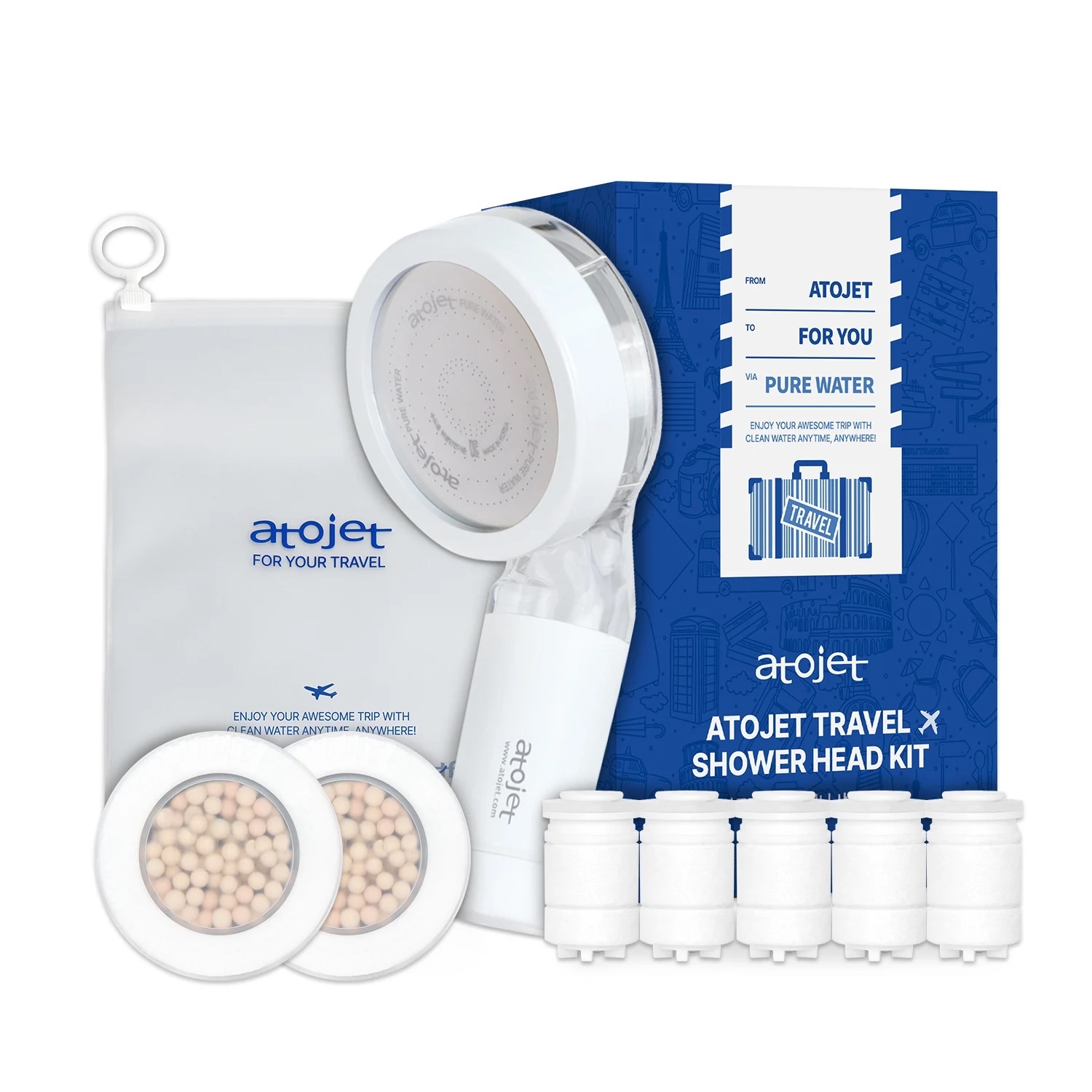 《韓國連線》ATOJET 旅行迷你過濾蓮蓬頭套裝【內建濾芯花灑+2個花灑濾芯+5個手把濾芯+收納袋】
