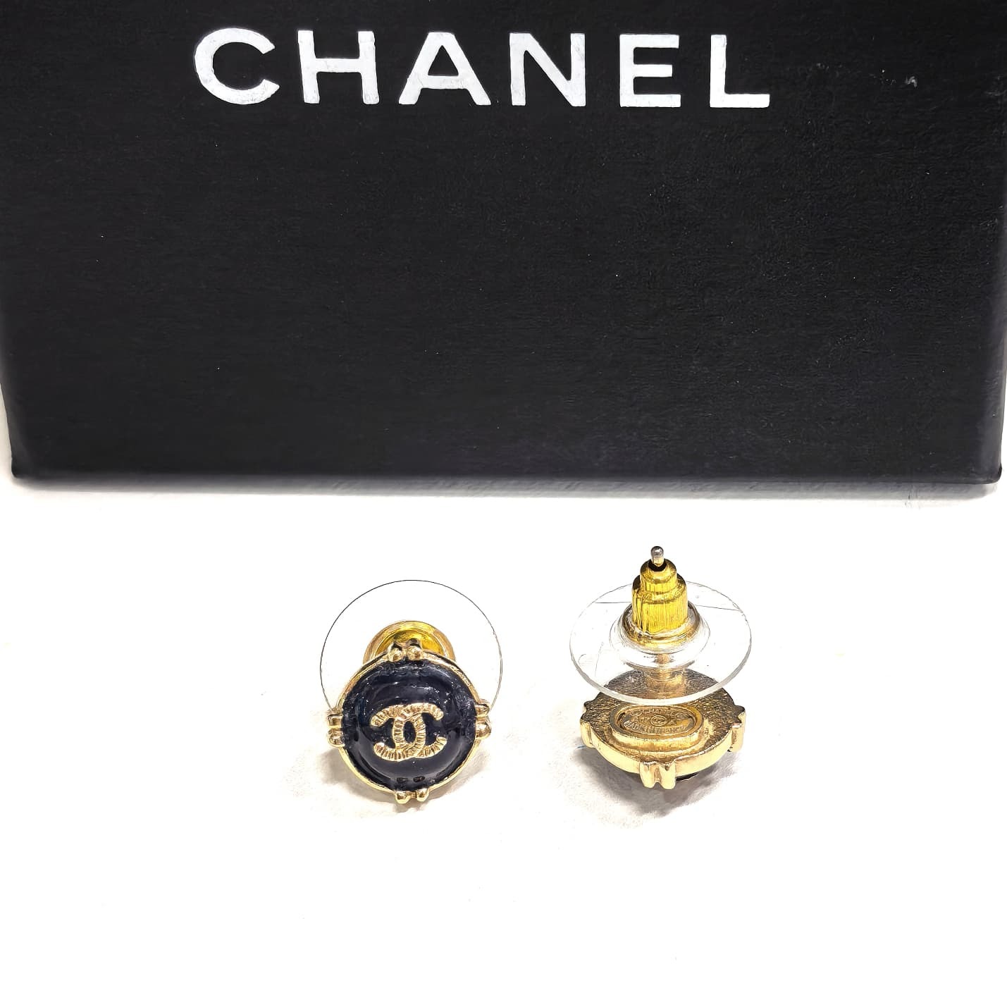98%NEW二手CHANEL耳環Earrings ,1x1cm , 黑藍拼金色CC logo, #香奈兒耳釘,#香榭站正品