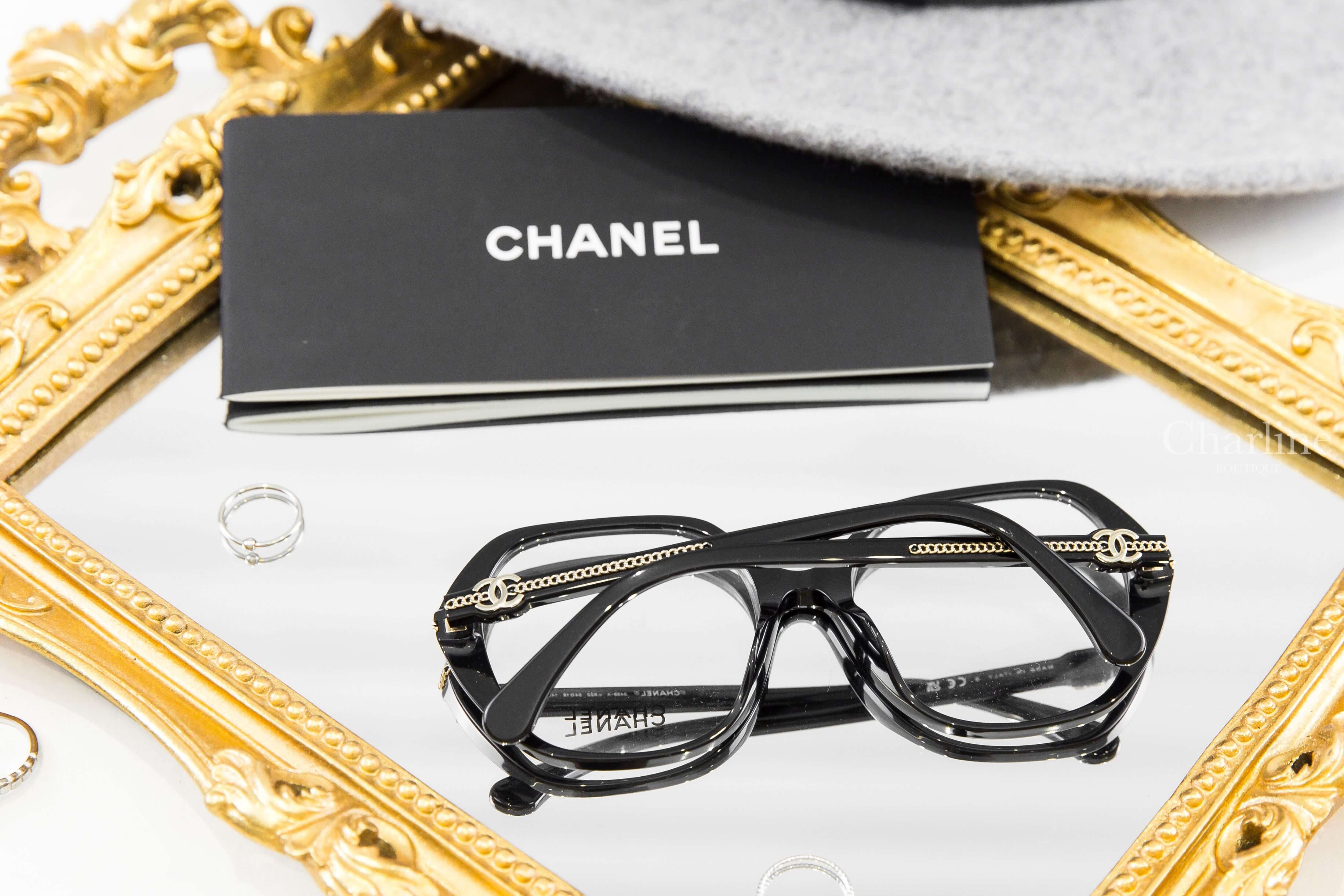 Chanel Square Eyeglasses 黑色方框側邊金CC金鍊平光眼鏡