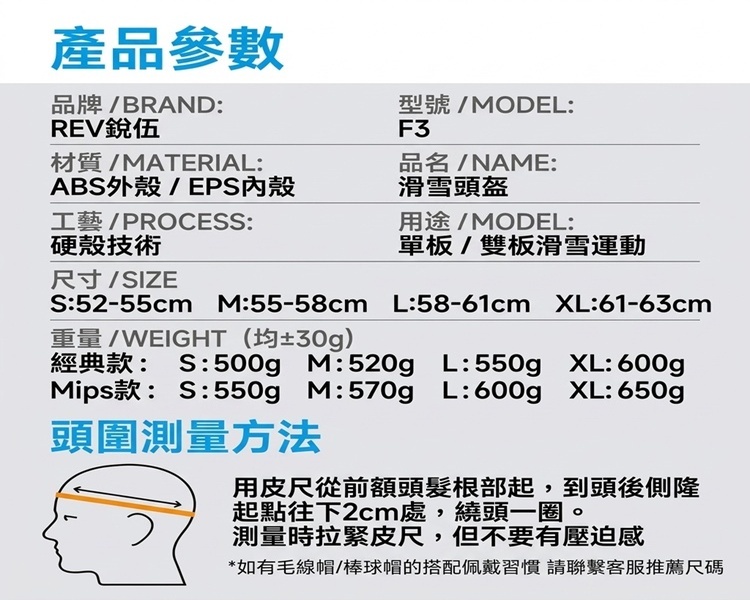 REV 銳伍 F3 滑雪頭盔產品參數表：ABS外殼與EPS內殼材質、尺寸重量與頭圍測量圖解