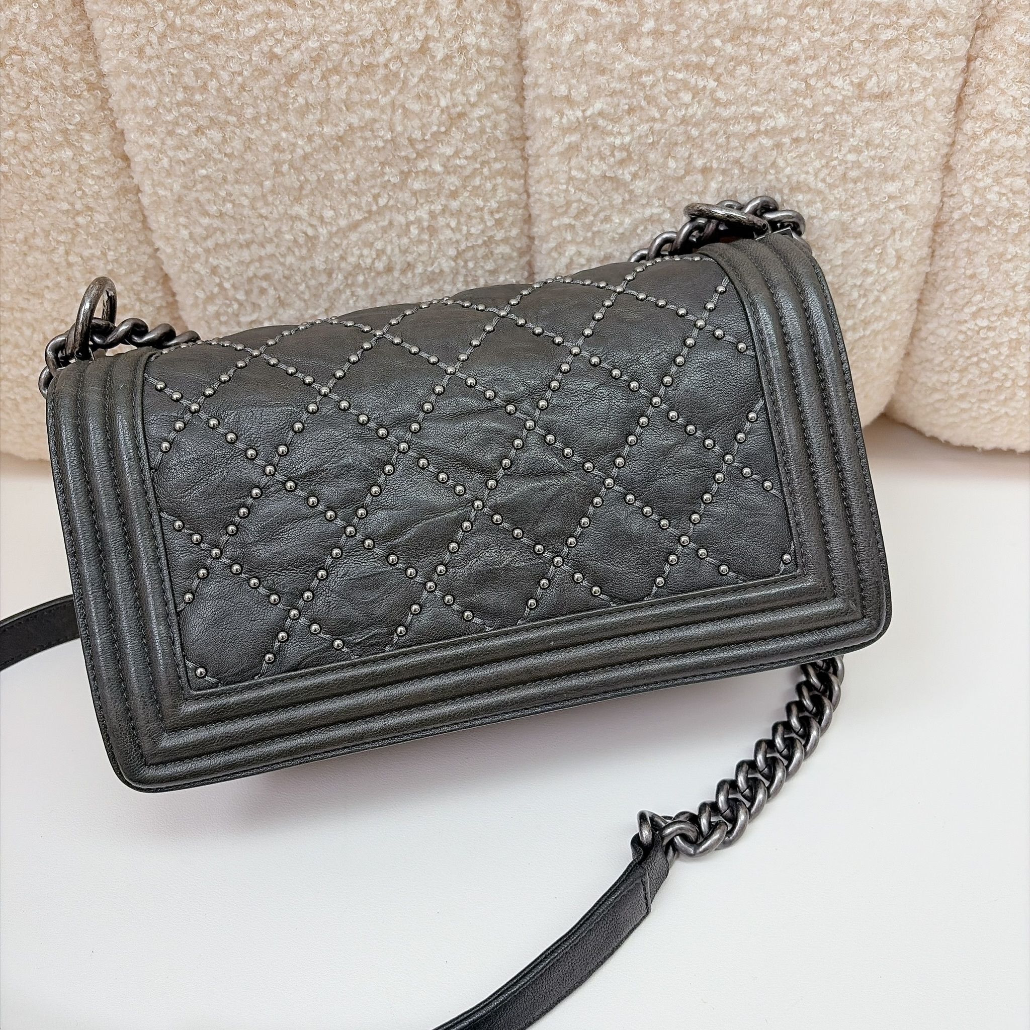 Chanel Boy Chanel Flap Bag With Studs - Dark Grey / SHW