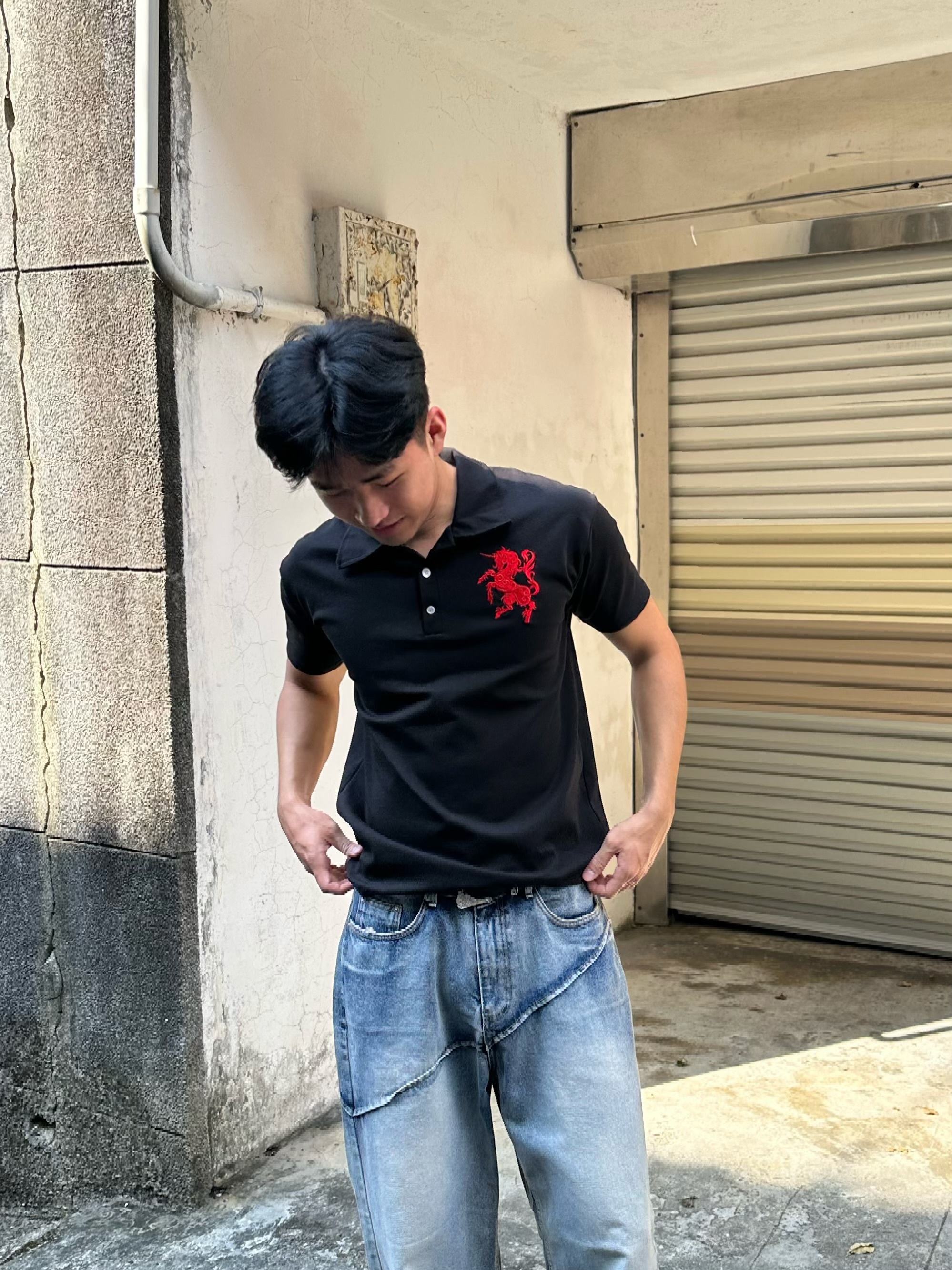 獨角獸刺繡 翻領 合身短袖Polo衫