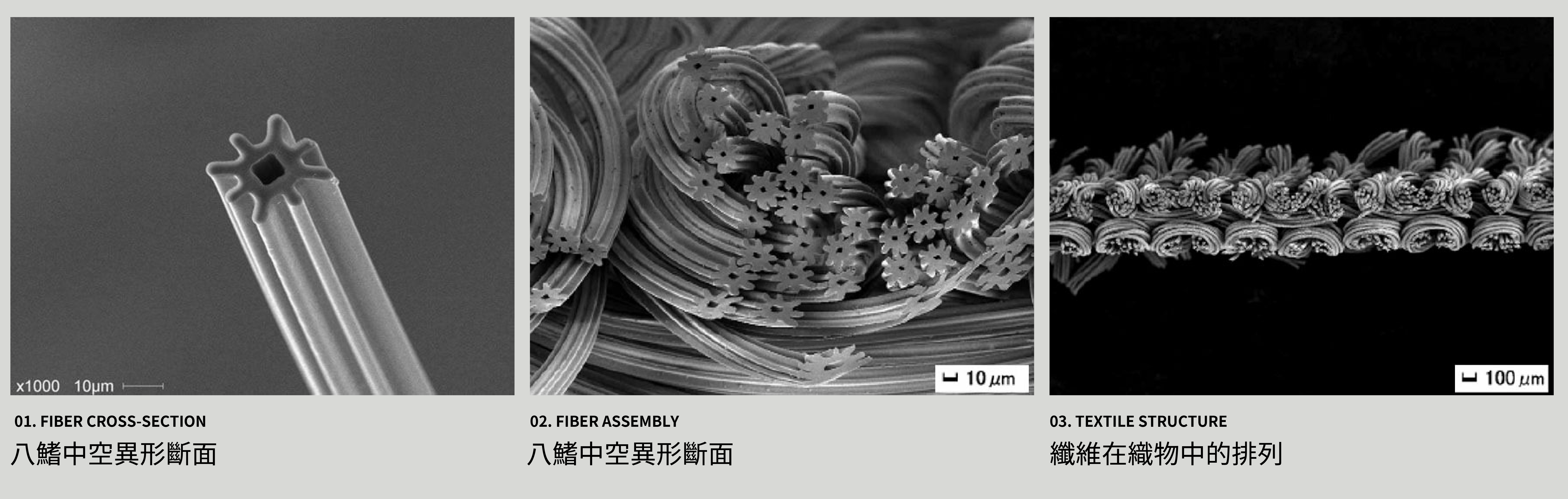 Octa® 八鰭中空聚酯纖維的電子顯微影像,展示纖維斷面、纖維集合及織物截面結構。