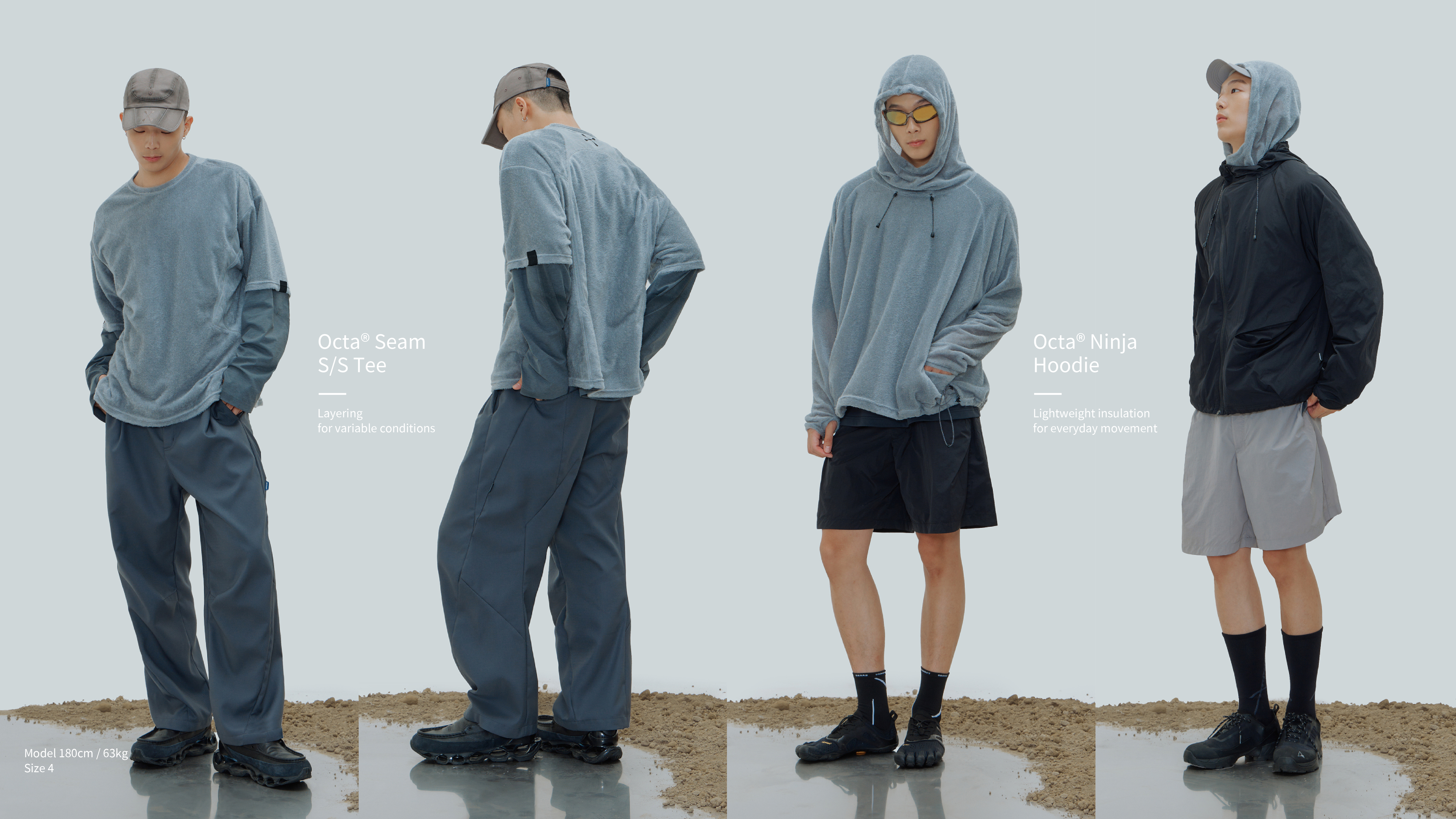 nozzle quiz® Octa® Seam S/S Tee 與 Ninja Hoodie 秋冬造型,展示機能短袖疊穿長袖、連帽上衣及防風外套的層次搭配。