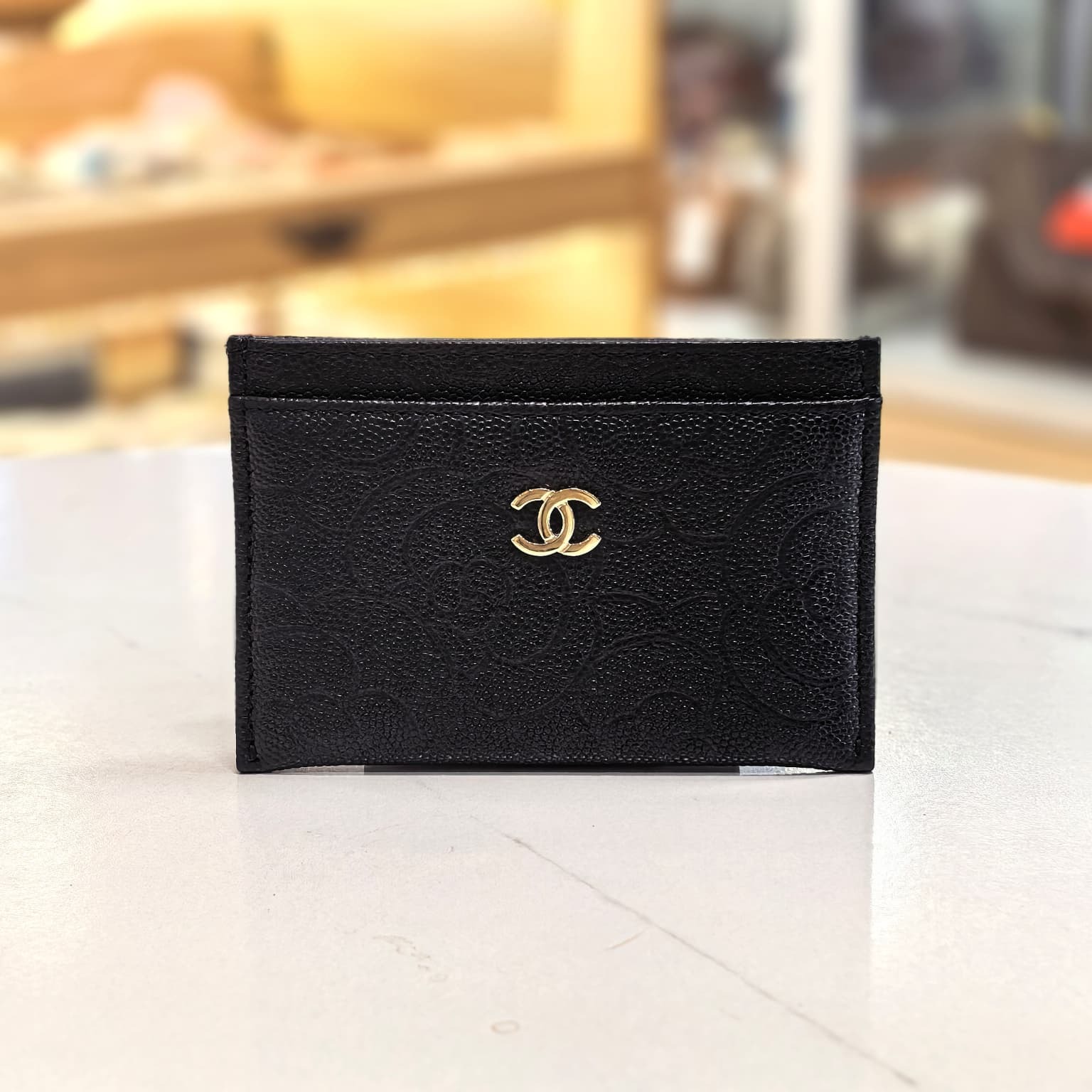 99%NEW USED CHANEL零錢包/卡片套,A82286, 黑色荔枝皮山茶花壓花金扣 #香榭站正品