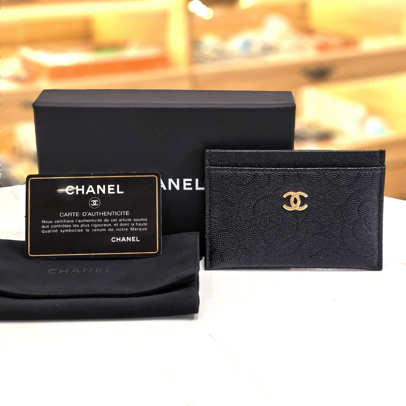 99%NEW USED CHANEL零錢包/卡片套,A82286, 黑色荔枝皮山茶花壓花金扣 #香榭站正品