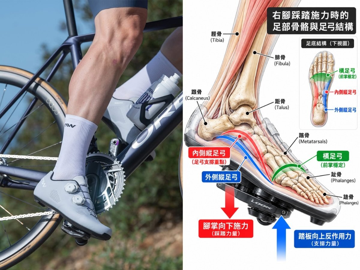 Northwave 公路車卡鞋踩踏示意圖與右腳足部骨骼結構，標示內側縱足弓、外側縱足弓、橫足弓以及腳掌施力與踏板反作用力。