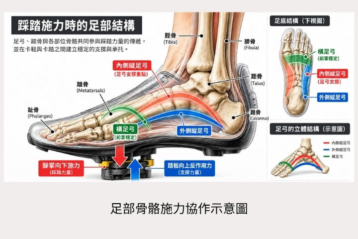 踩踏施力時的足部結構圖解，展示內側縱足弓、外側縱足弓與橫足弓，以及腳掌向下施力與踏板向上反作用力的相互作用。