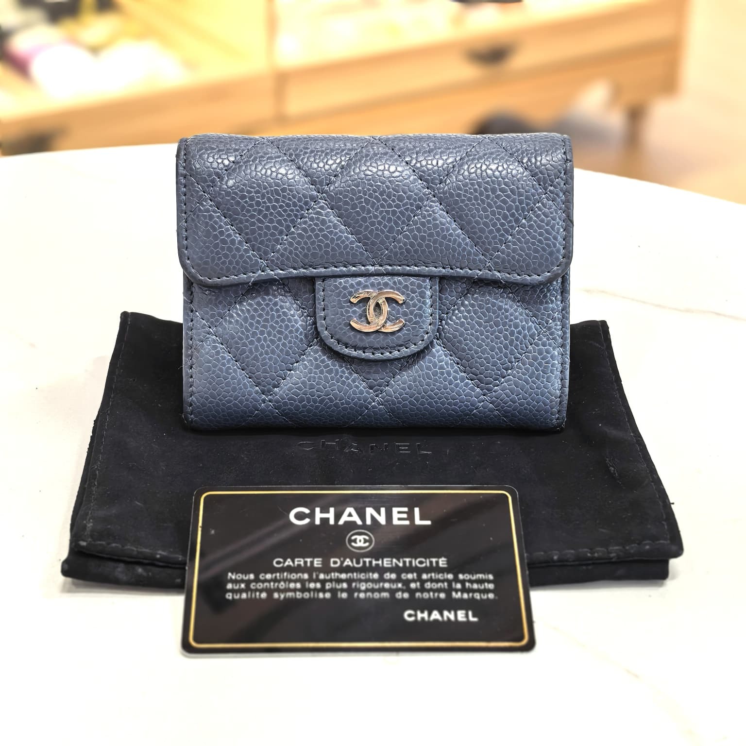 90%NEW USED CHANEL零錢包/卡片套,AP0220, 灰藍色荔枝皮銀扣 #香榭站正品