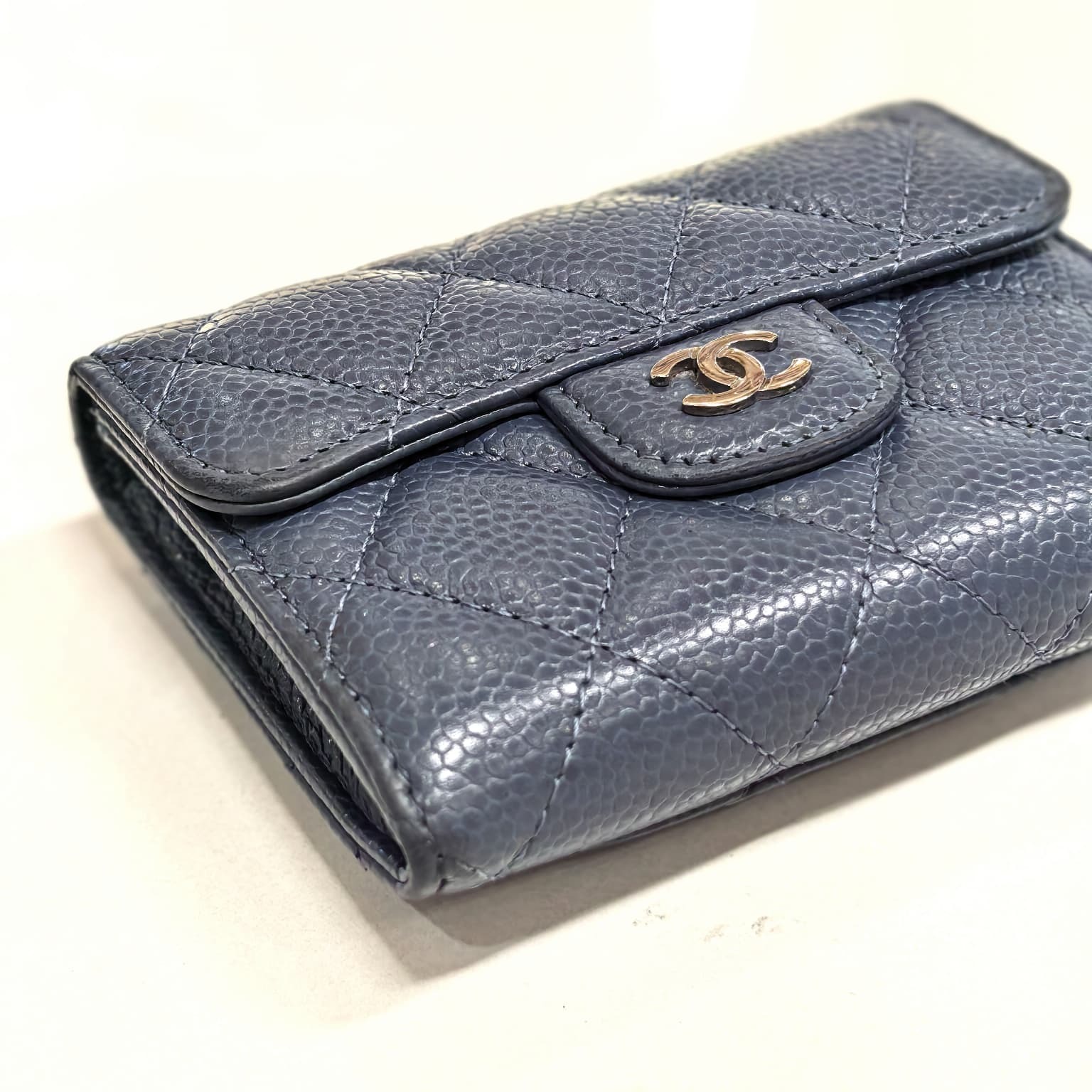 90%NEW USED CHANEL零錢包/卡片套,AP0220, 灰藍色荔枝皮銀扣 #香榭站正品
