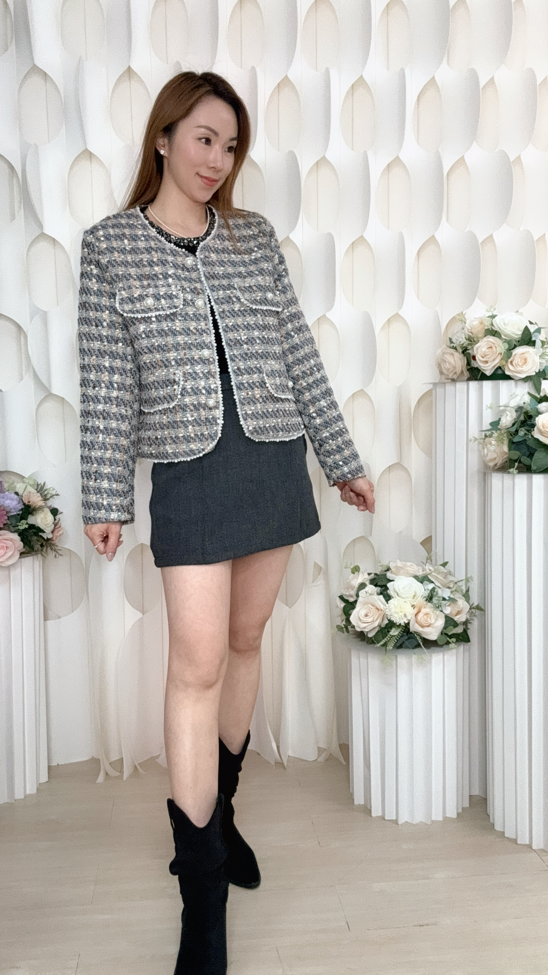 灰色珍珠邊小香風外套 (胸38 腰38 長20吋) #59578 #1020clo